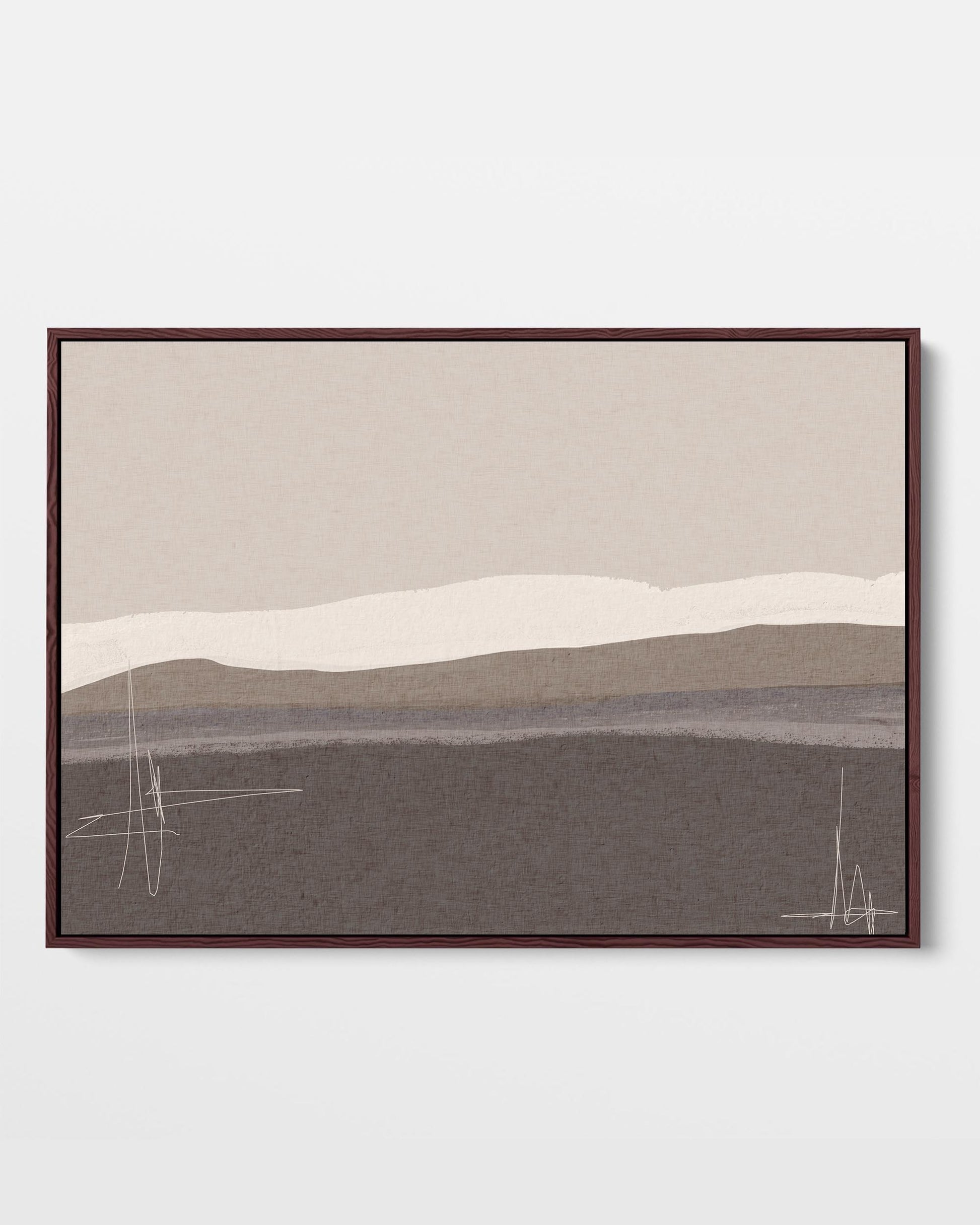 A framed canvas with an abstract neutral seascape design, featuring various shades of brown and beige with abstract sketched marks and a mountain silhouette in the background.