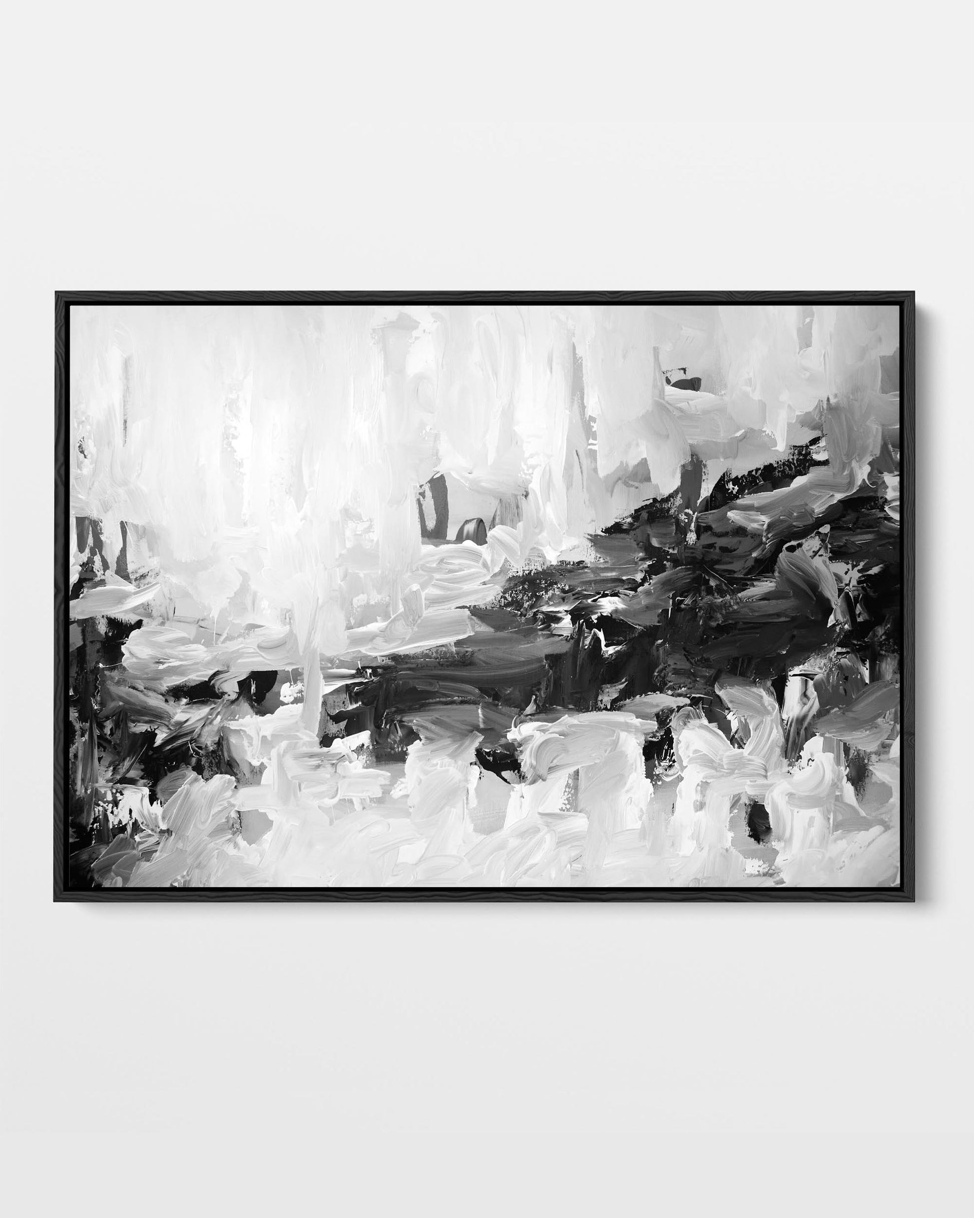 A black and white abstract canvas print, framed and ready to hang.