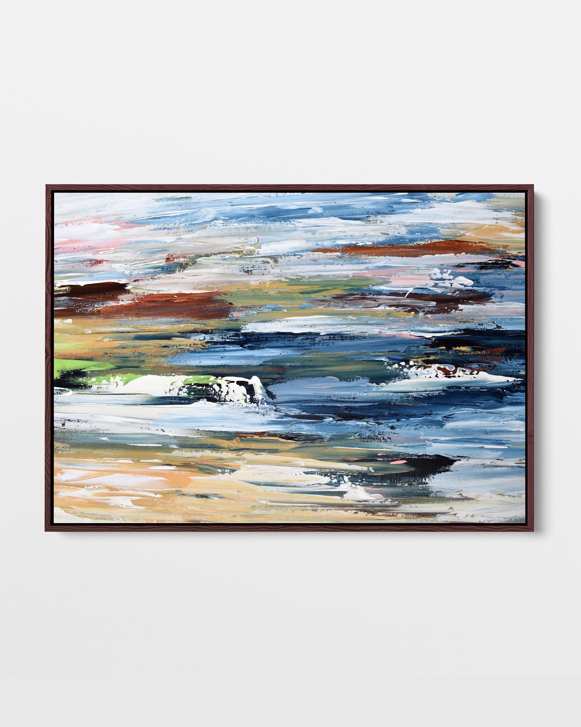 A framed canvas print with an abstract design featuring modern blue, yellow, green, and brown tones.