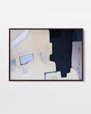 A framed canvas print with an abstract design featuring modern navy, purple, cream, and black tones.