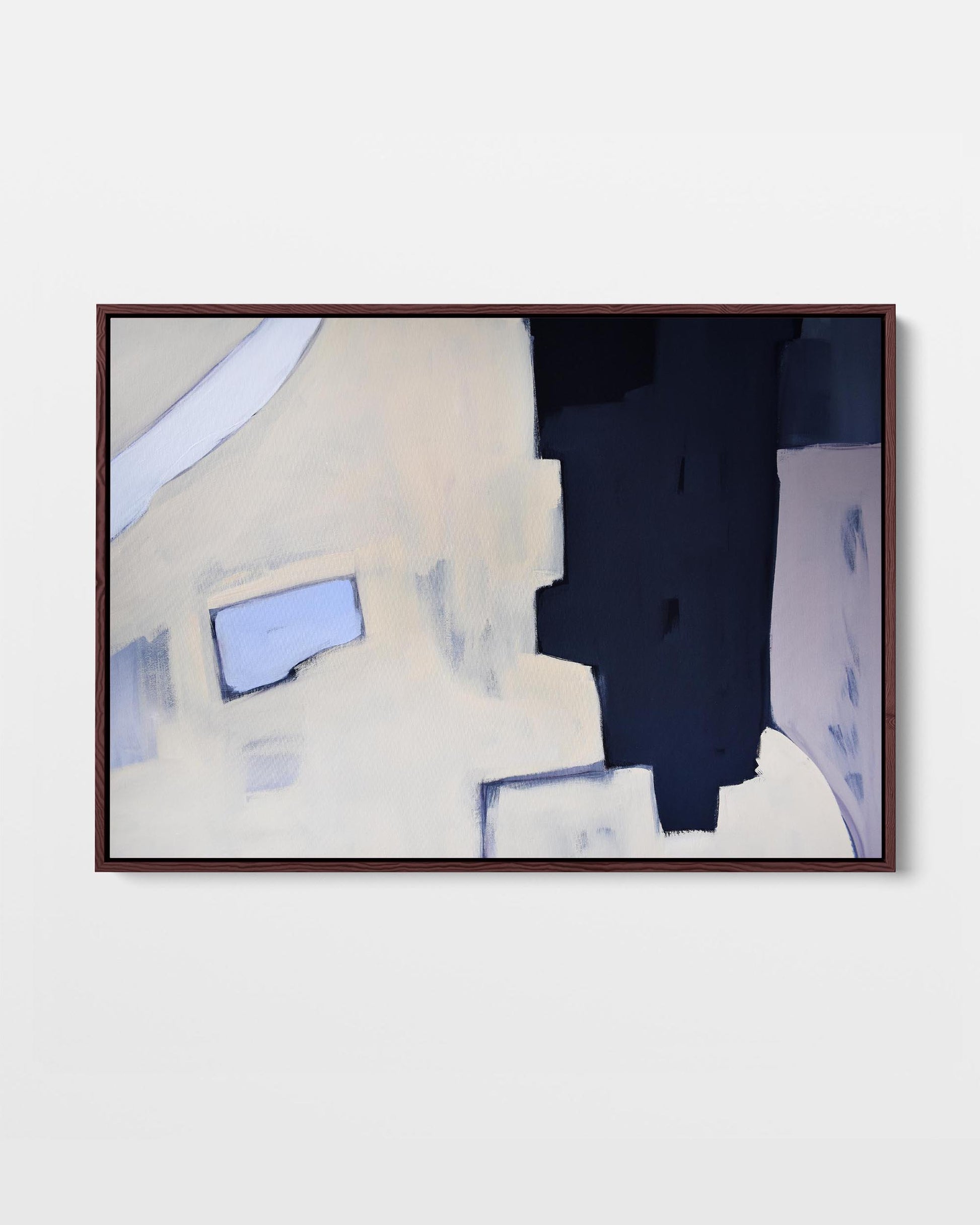 A framed canvas print with an abstract design featuring modern navy, purple, cream, and black tones.