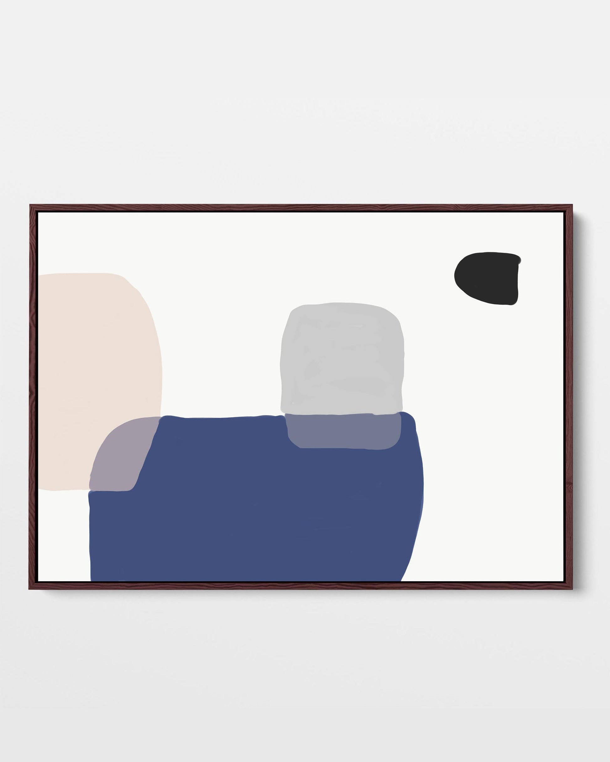 A framed canvas with an abstract design featuring modern blue, pink, and white tones, stretched on a wooden frame.