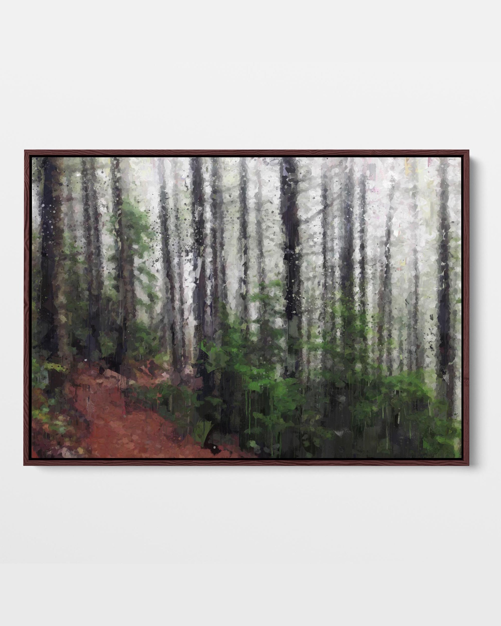Framed canvas print depicting a forest scene with trees in the background and a clearing in the foreground.