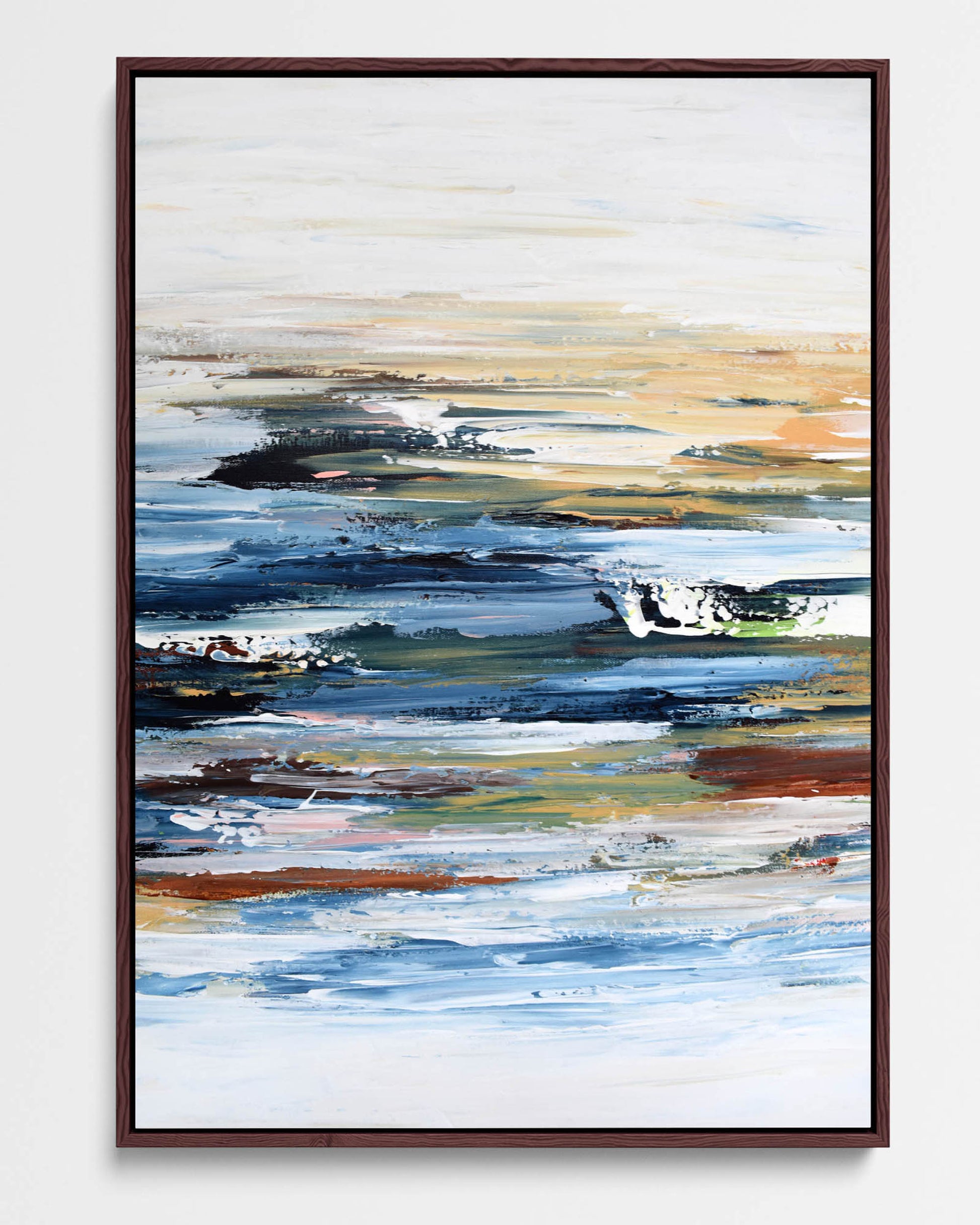 A framed canvas print with an abstract design featuring modern blue, yellow, green, and red tones, displayed in a vertical orientation.