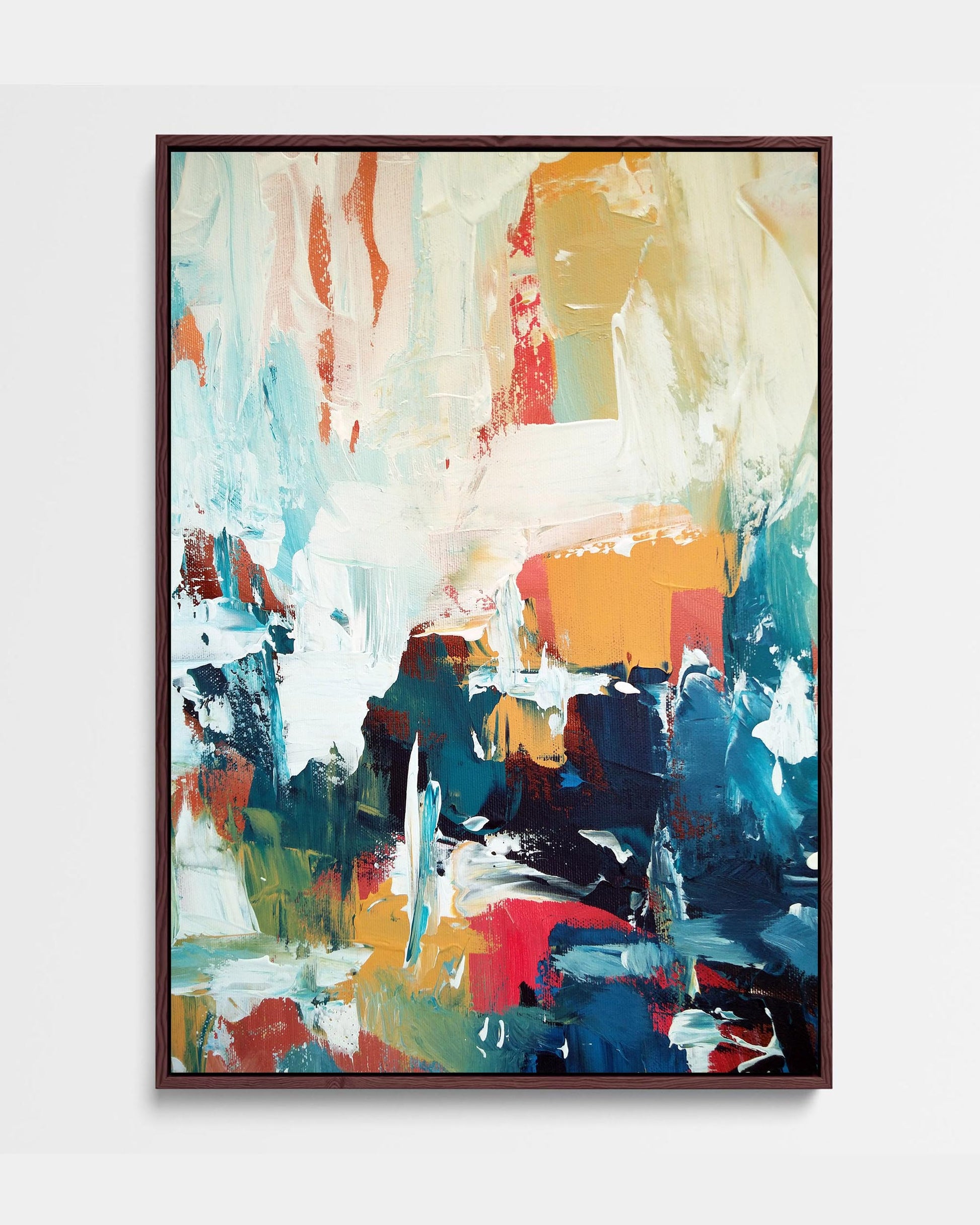 A framed canvas featuring an abstract design with modern blue, white, and ochre tones.