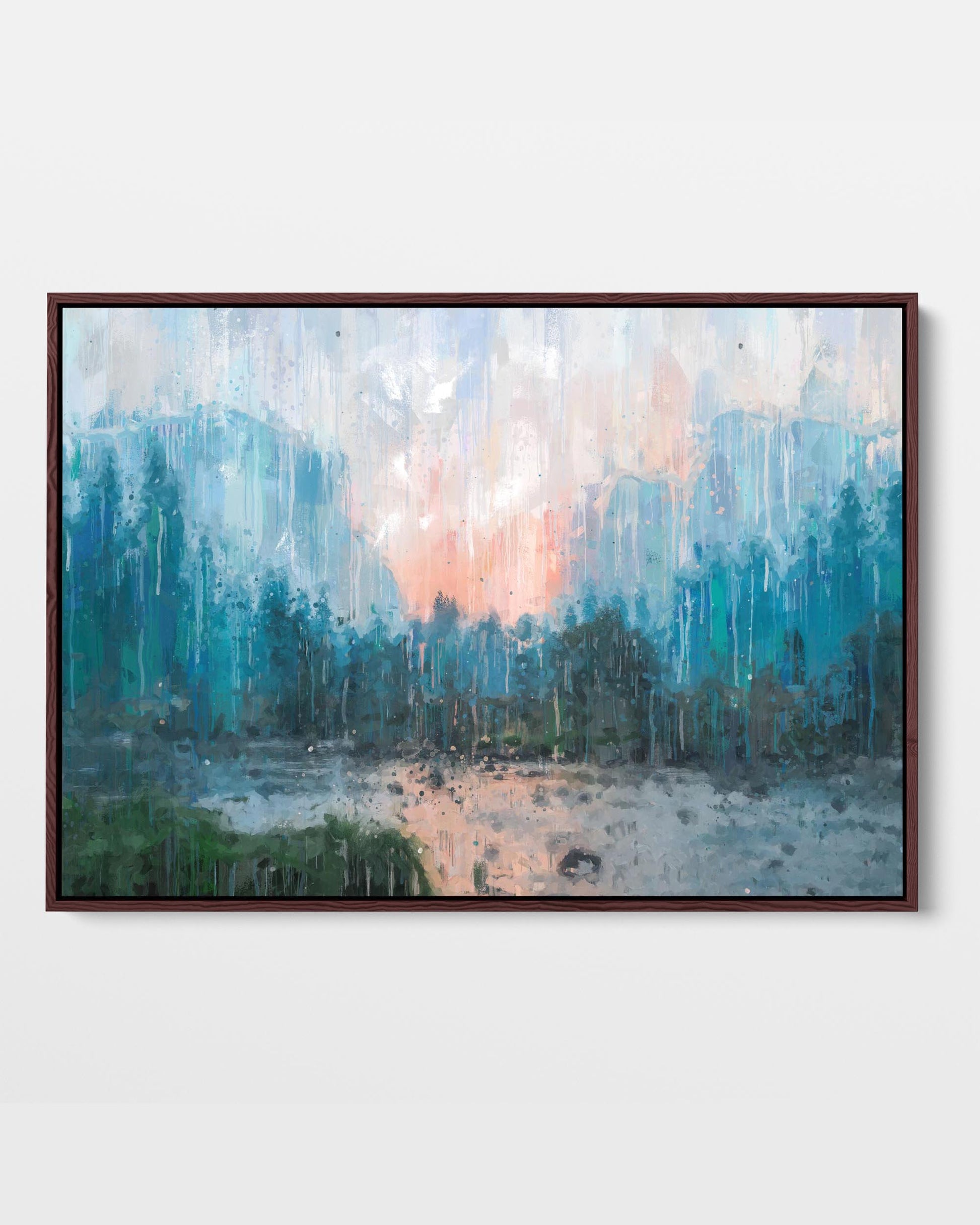 Framed canvas print depicting an impressionist landscape with modern blue, pink, white, and grey tones.