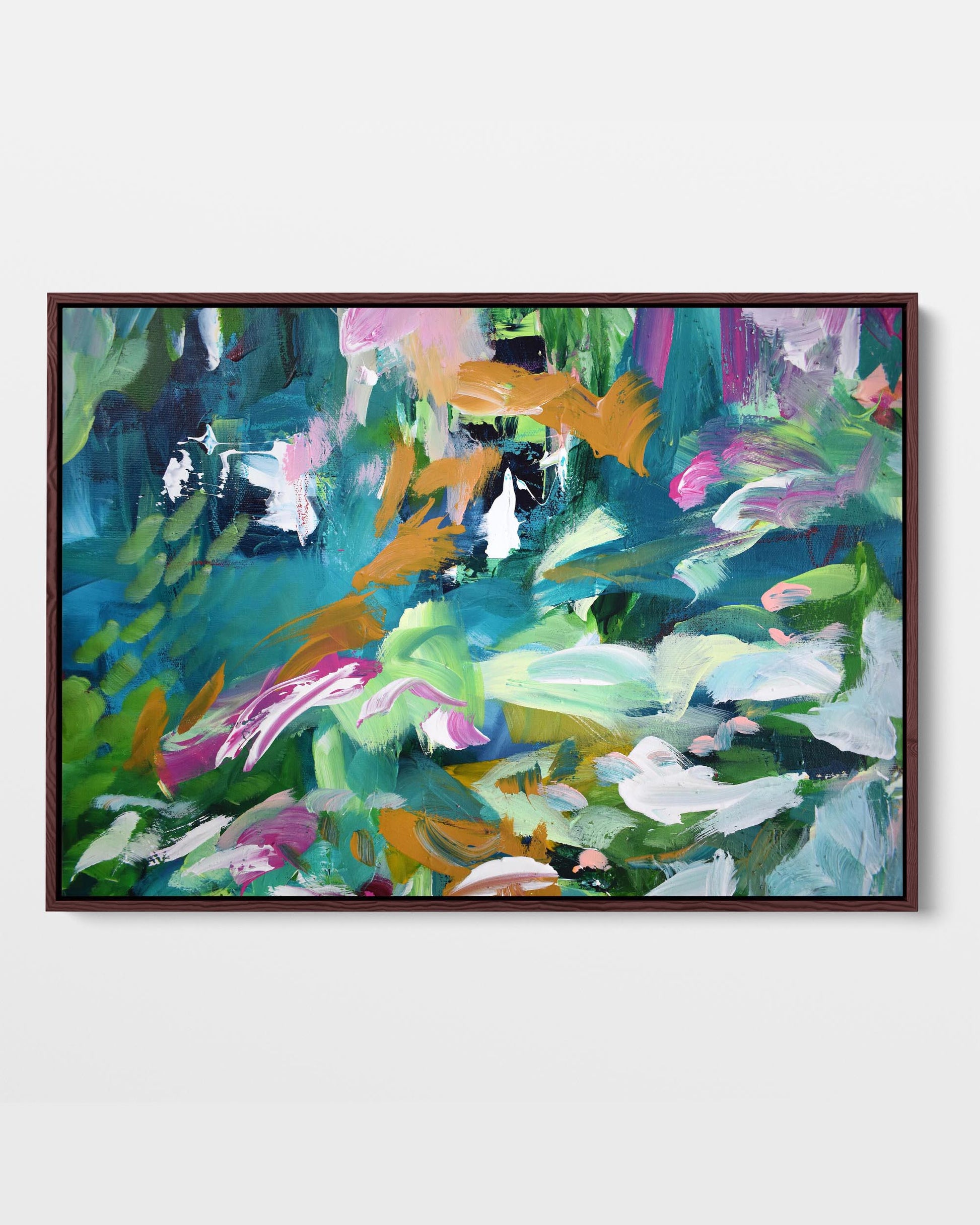 A vibrant abstract painting in shades of green, yellow, and purple, framed in a wooden frame.