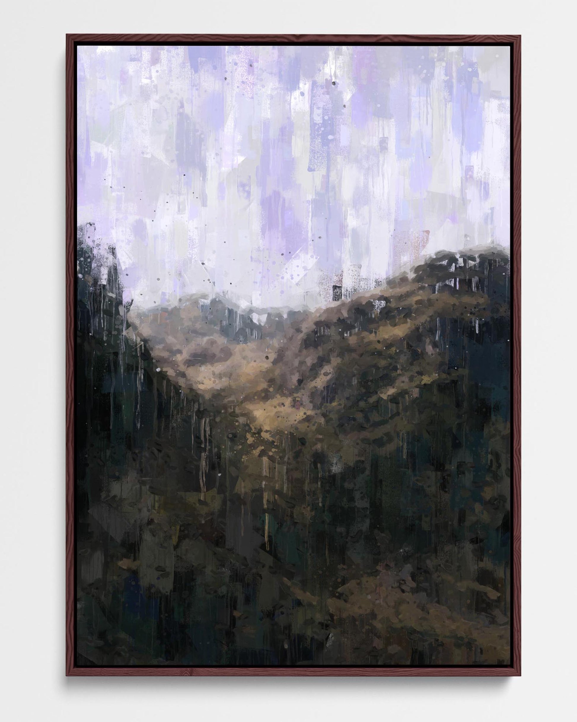 A framed canvas print depicting a jungle scene with a mix of modern blue, white, purple, green tones, and brown, stretched on a wooden frame.