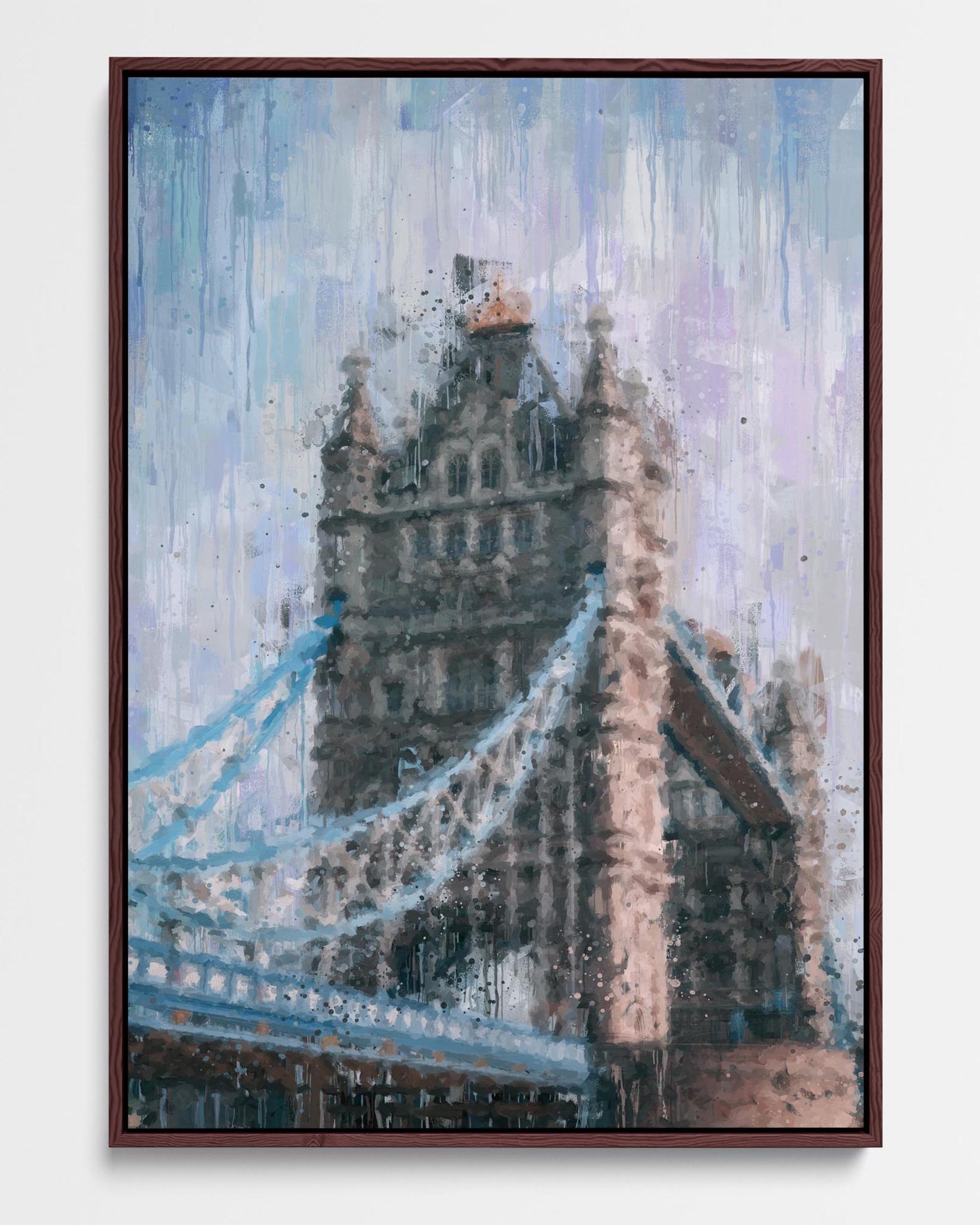 Framed canvas painting of Tower Bridge in London with modern blue, pink, and white tones.
