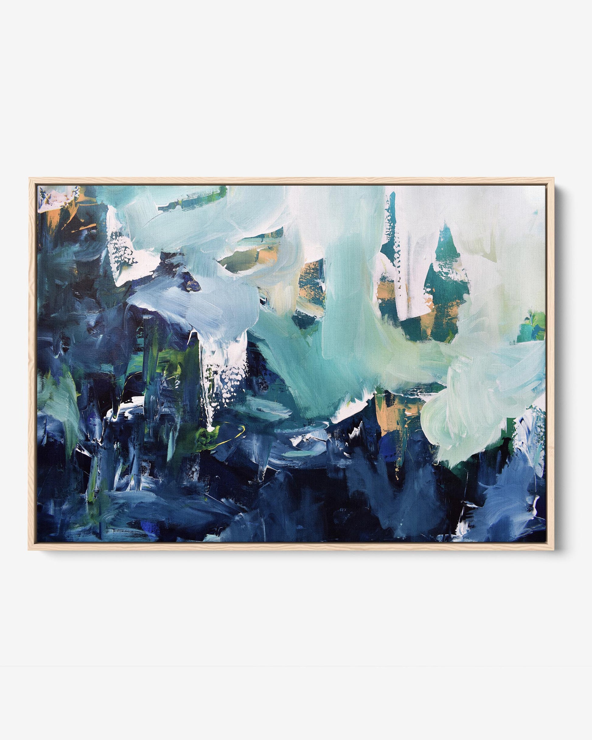 A framed canvas with an abstract design featuring modern blue, white, yellow ochre, and teal green tones.