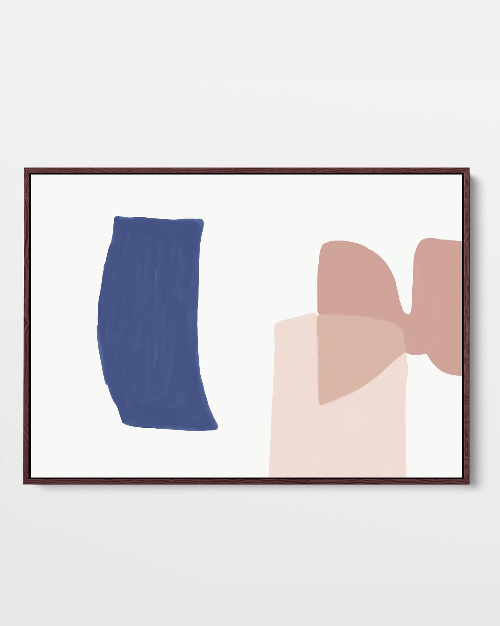 A framed canvas print with an abstract design featuring modern pink, white, and blue tones.