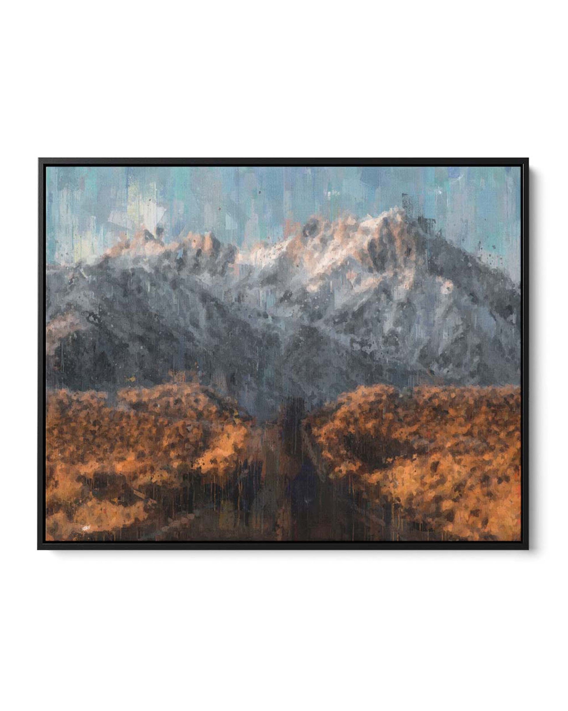 Framed canvas painting of a mountain scene with modern red, blue, grey, and white tones.