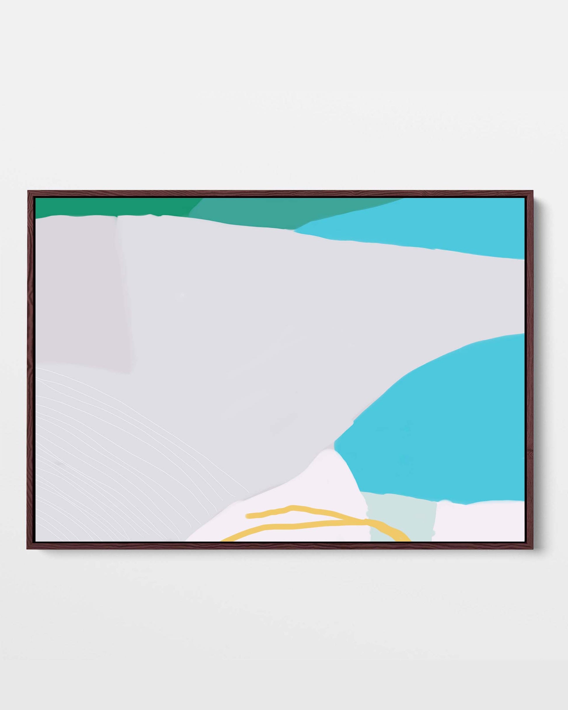 A framed canvas with a modern abstract mountain design featuring geometric shapes in green, white, blue, and yellow tones.