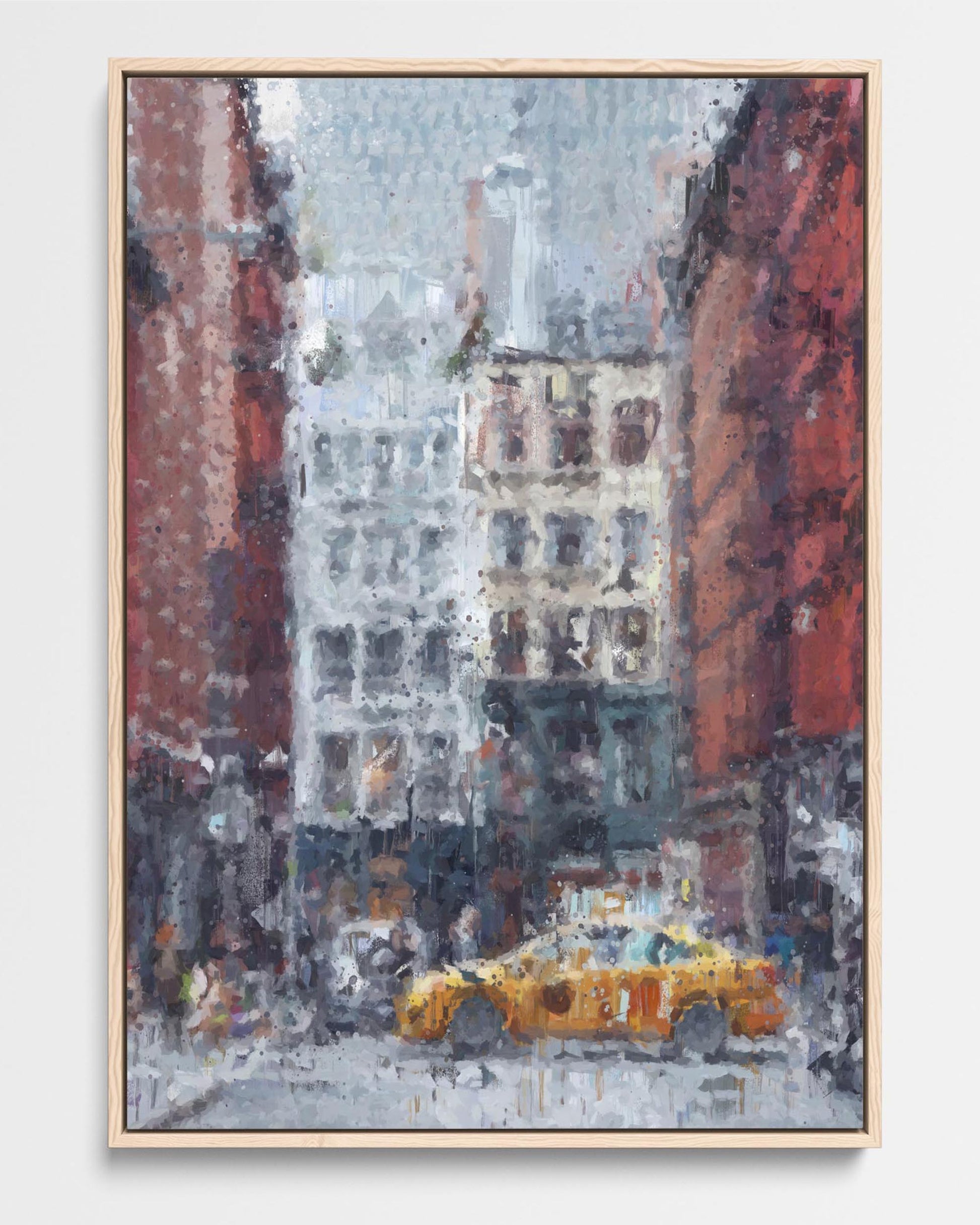 Framed canvas painting featuring an impressionistic style depiction of a New York taxi on a city street.