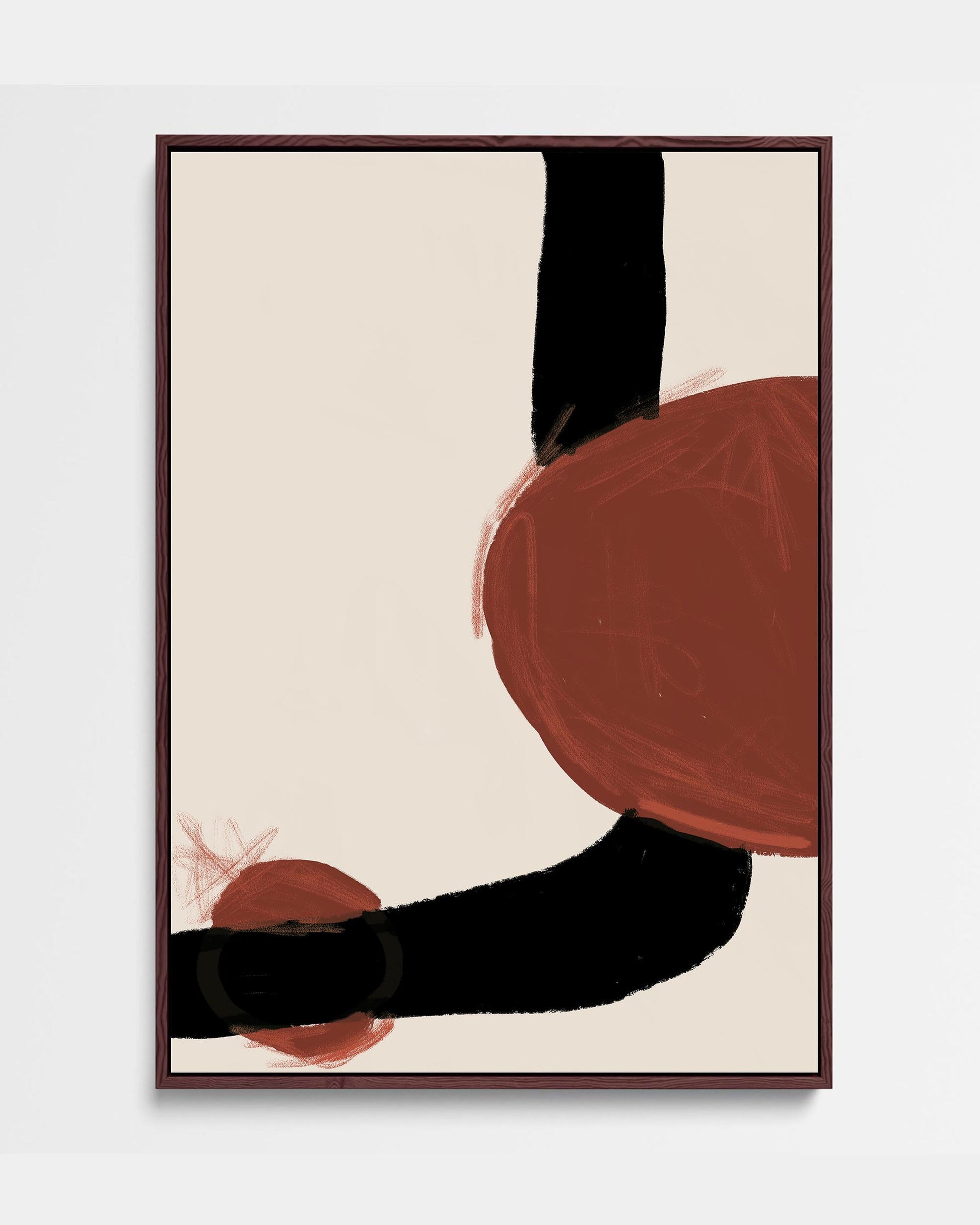 A contemporary abstract canvas print featuring dark red and black marks on a light background, framed in a float frame.