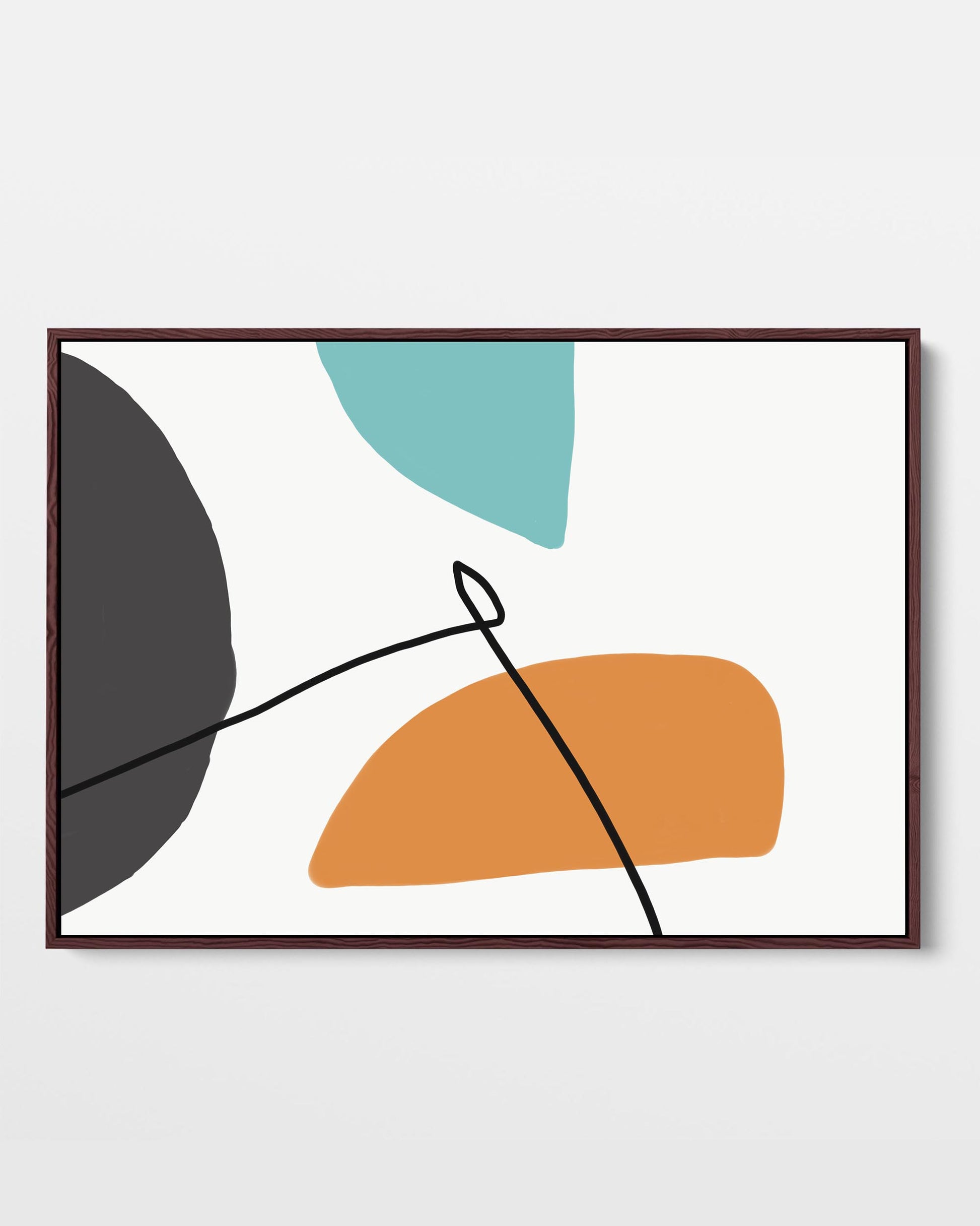 A framed canvas with a modern abstract design featuring geometric shapes in orange, white, and blue on a black floating frame.