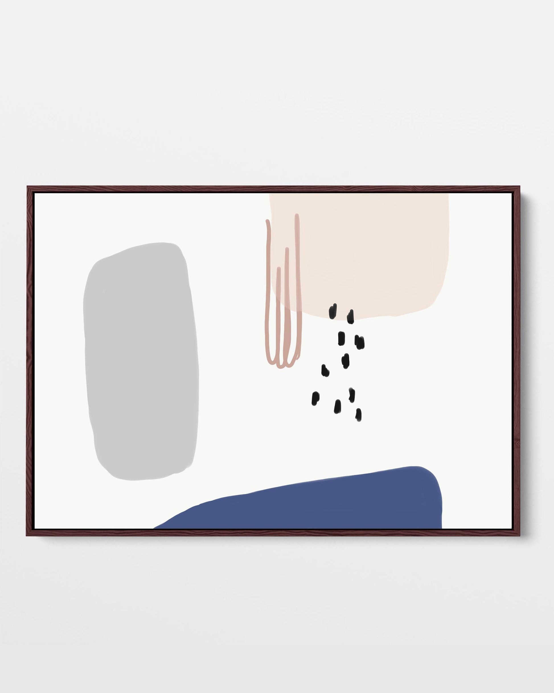 A framed canvas print with an abstract design featuring modern pink, white, blue, and grey tones.