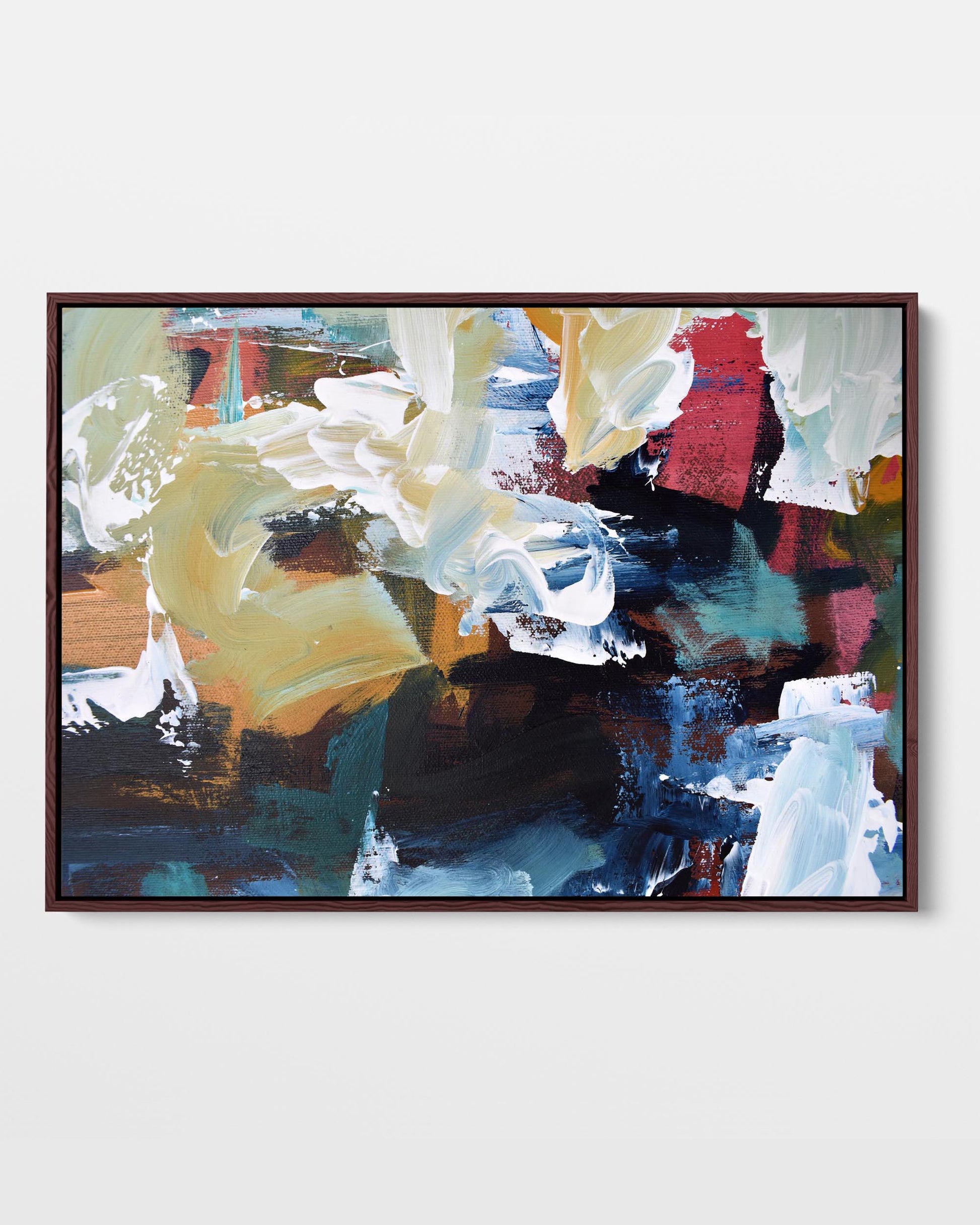 A framed canvas featuring an abstract design with modern teal, brown, and white tones.