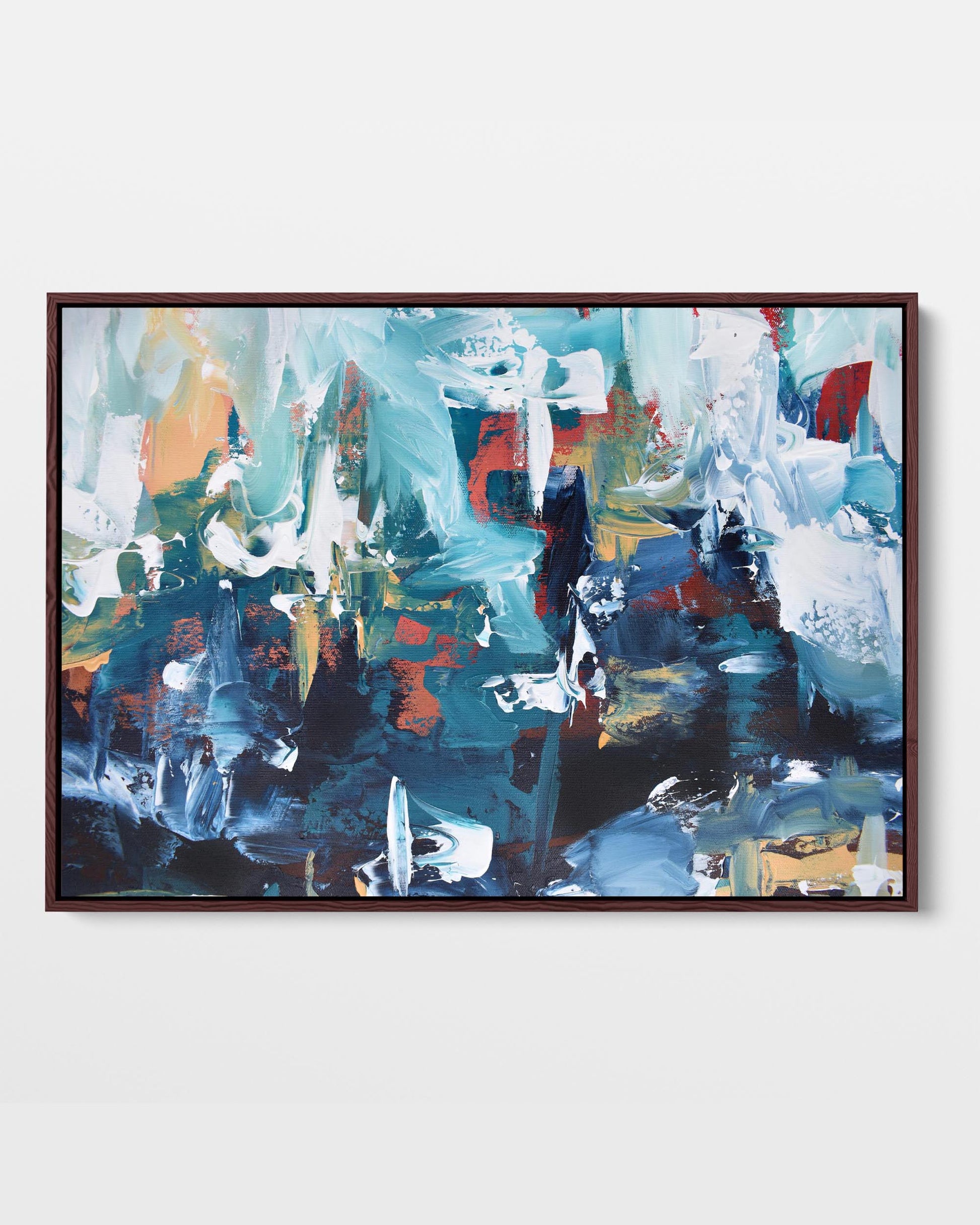 A framed canvas with an abstract design featuring modern blue, teal, white, and dark yellow tones.