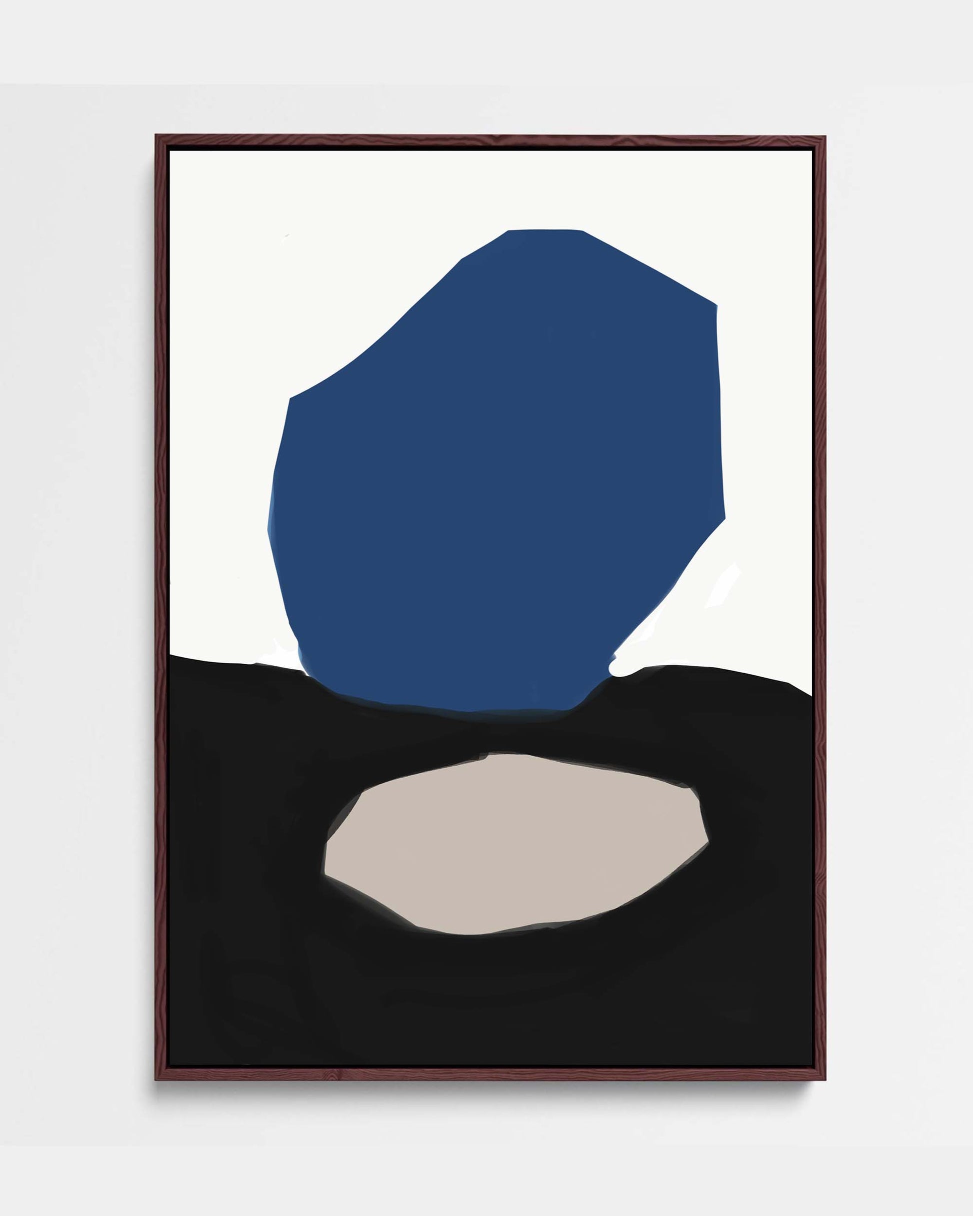 A framed canvas print with an abstract design featuring navy, black, and neutral tones, stretched on a wooden frame.