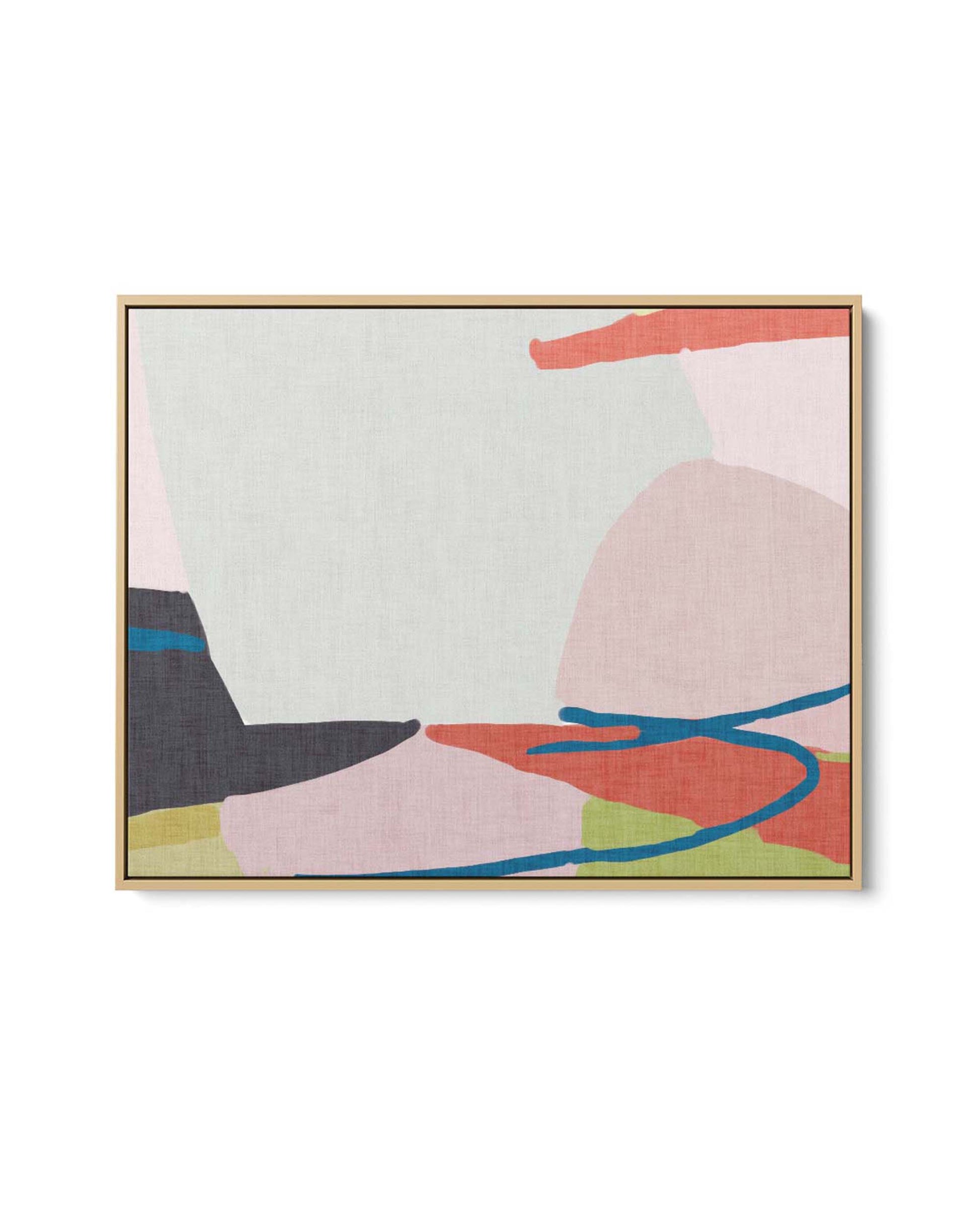 A framed canvas print with an abstract jungle design, featuring modern pink, grey, green, red, black, and blue tones, presented in a black frame.