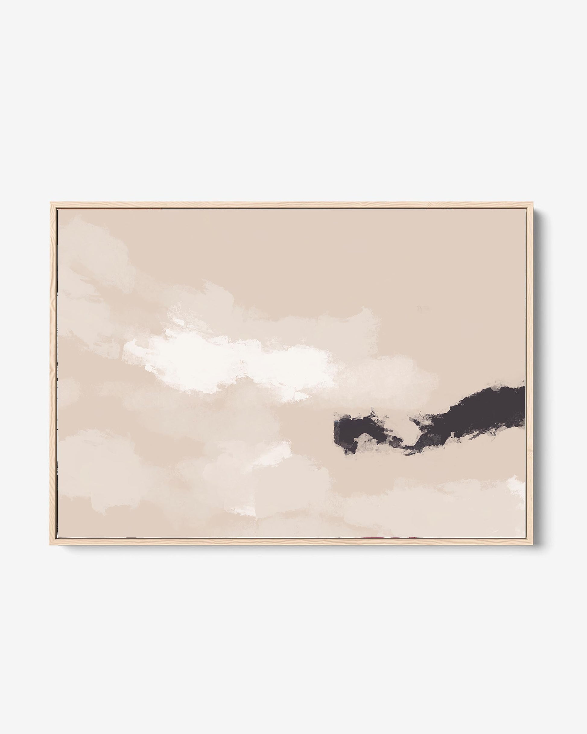 A framed canvas with a neutral abstract painting in shades of beige and black, displayed against a plain background