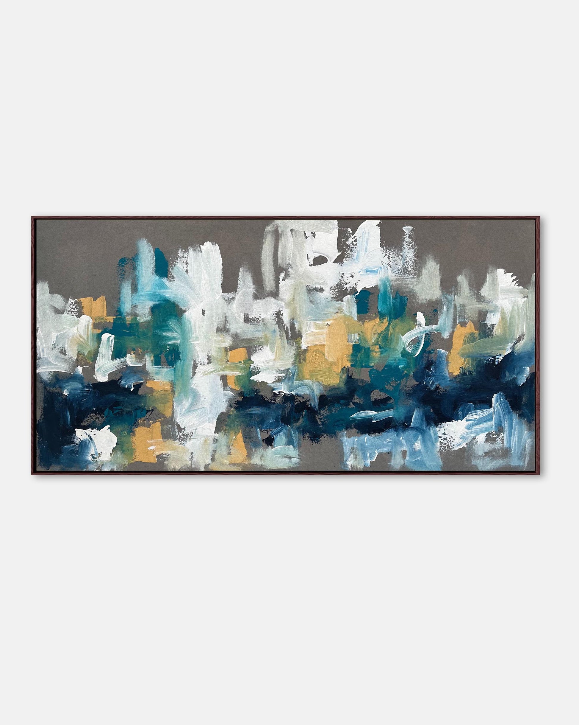 Modern grey and blue original abstract oil painting on canvas for living room decor, handcrafted by UK artist.