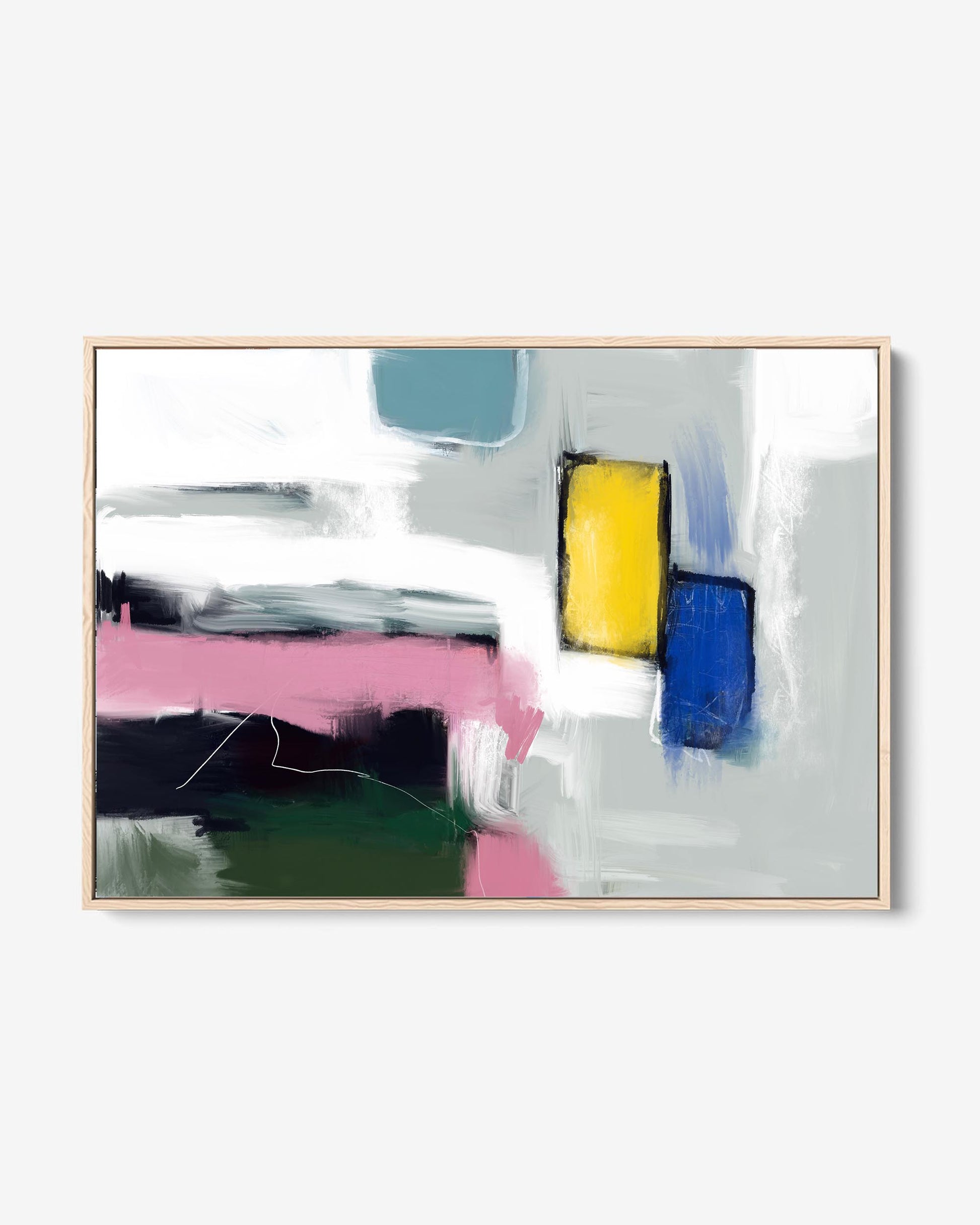 A framed canvas featuring an abstract colorful painting with geometric movement, displayed in a simple black frame.