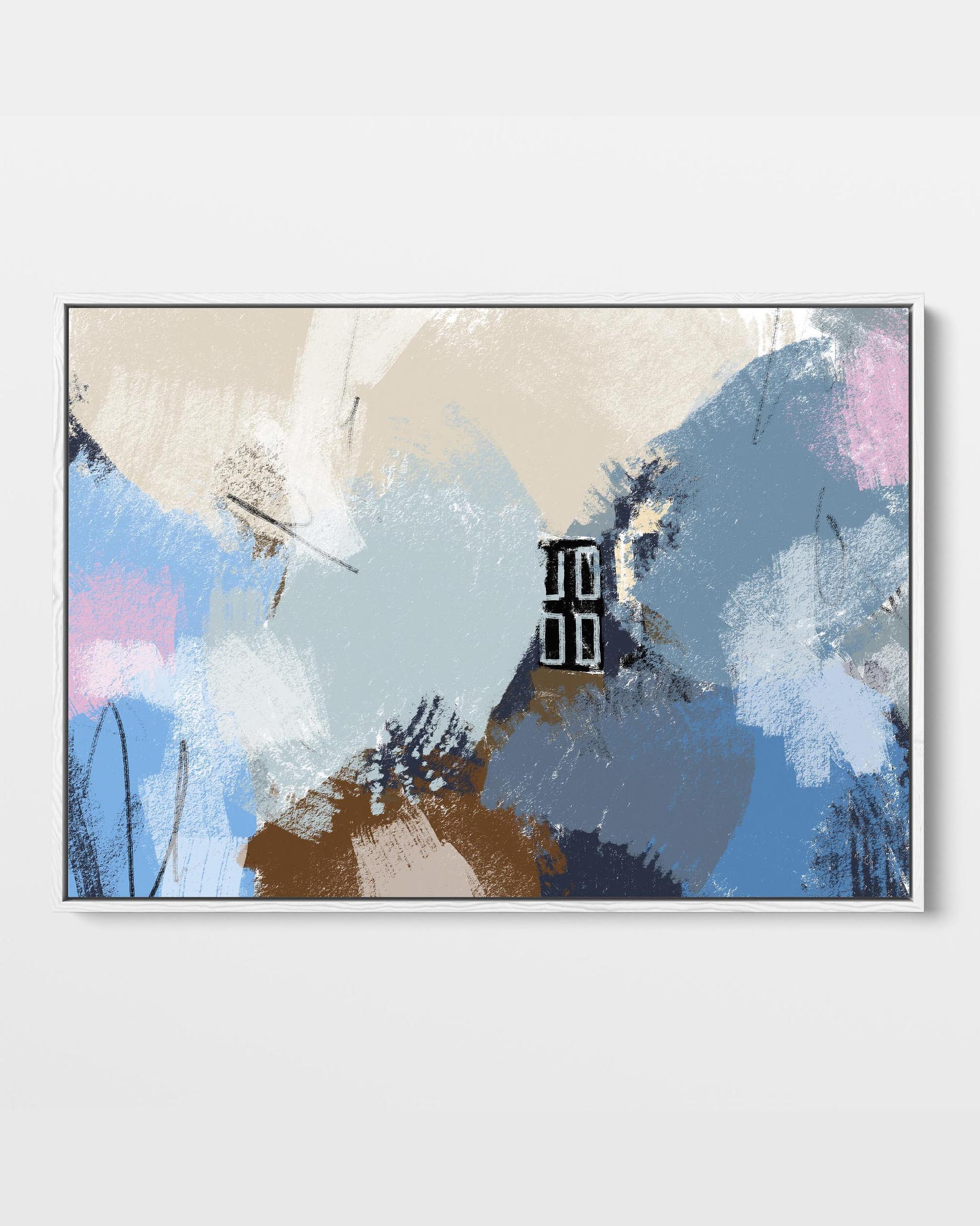 A framed canvas with an abstract design featuring shades of blue, blush pink, and other colours