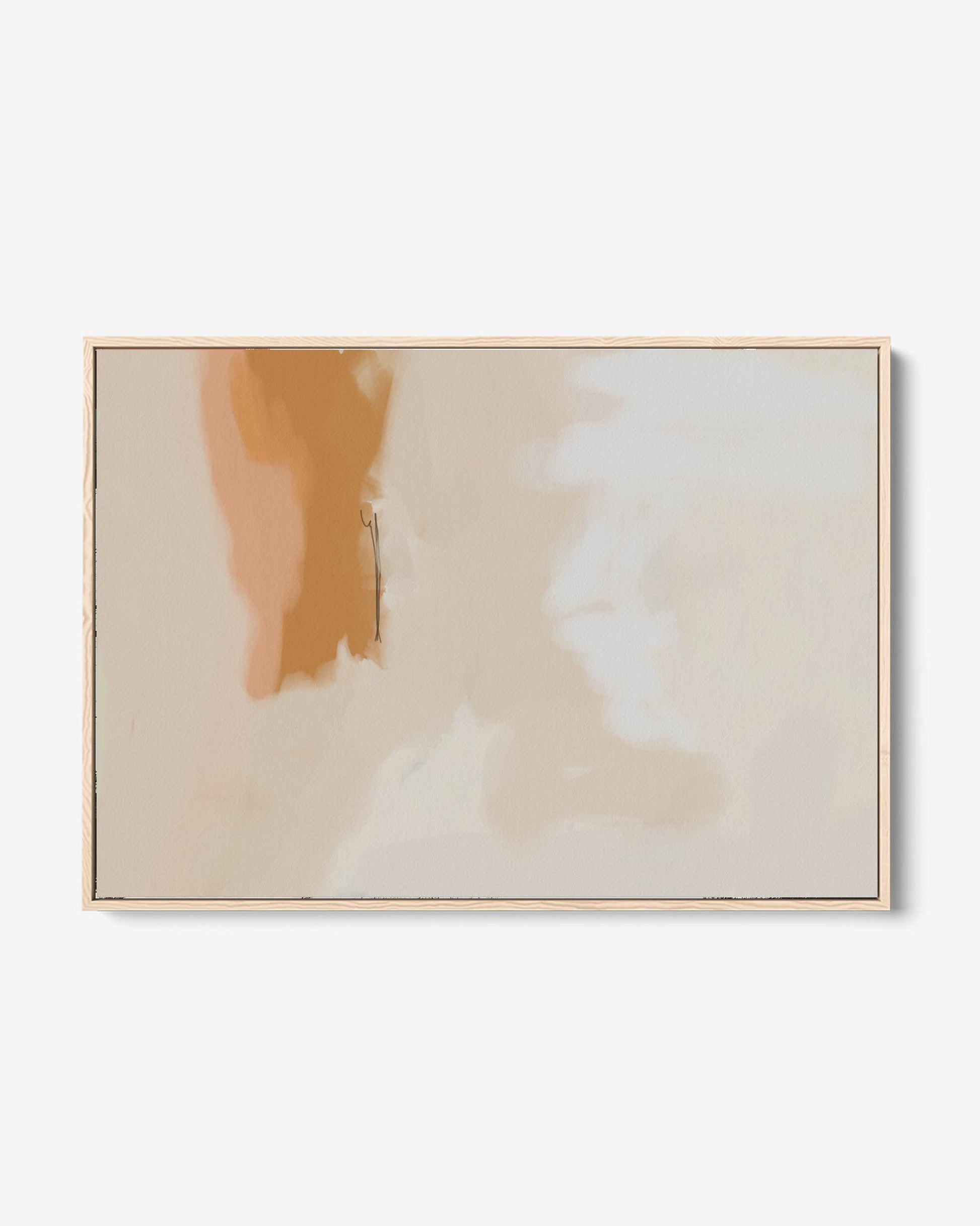 A neutral abstract blush framed canvas art print with a painting in soft tones of beige, brown, and white.