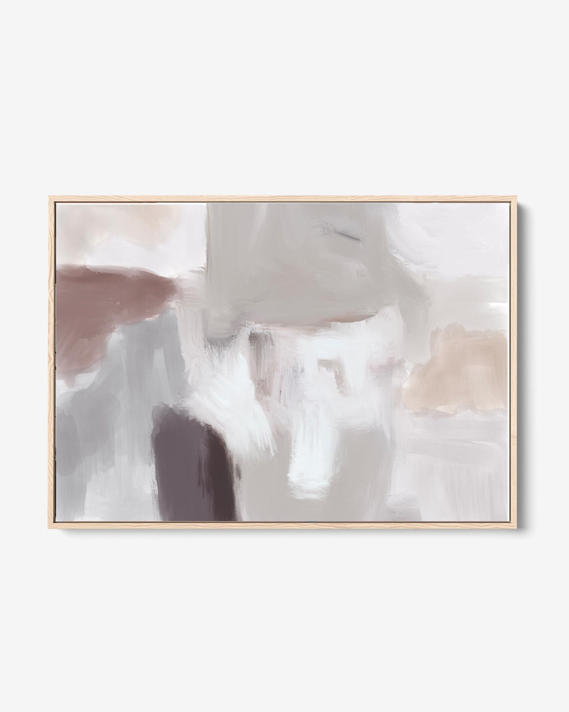 A framed canvas with a neutral abstract design, featuring shades of gray and beige, presented in a simple wooden frame.