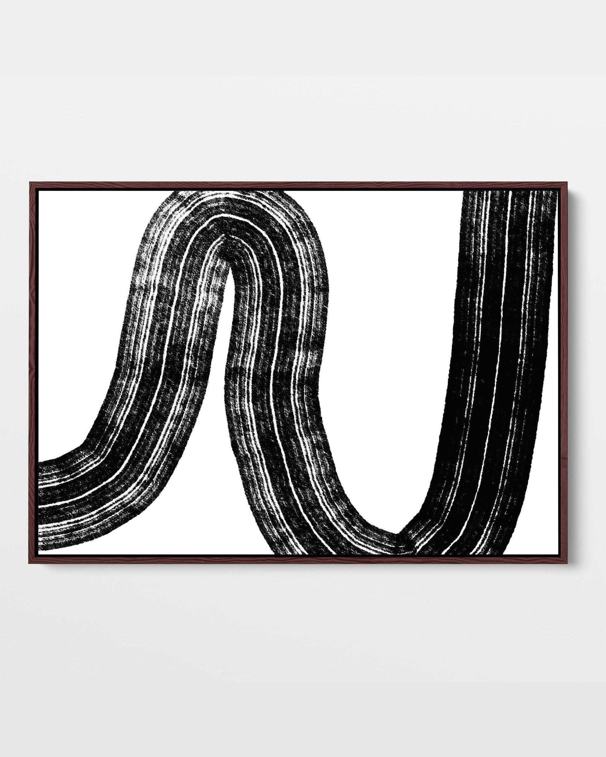 A framed canvas featuring abstract black and white line art.