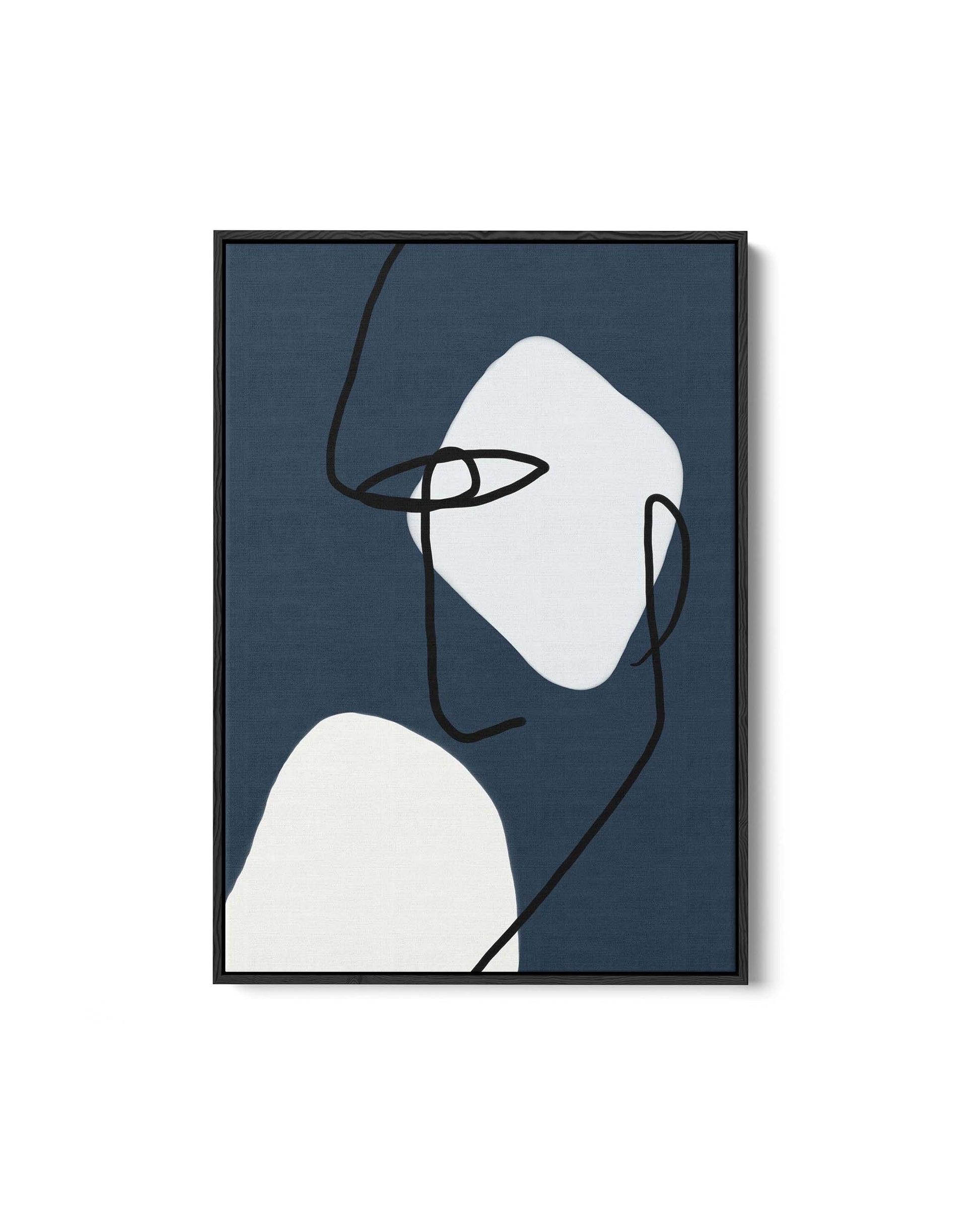 A framed canvas with abstract navy blue and white line art, depicting an abstract face.