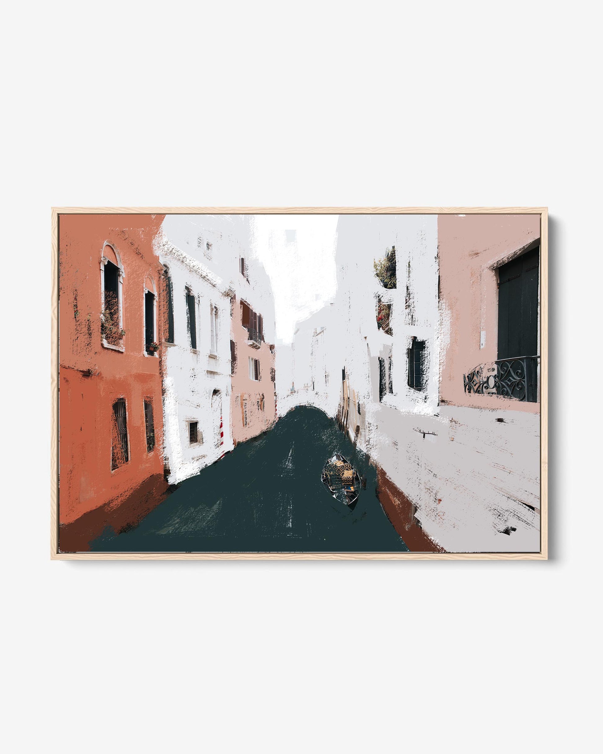 Framed canvas print depicting a narrow street in Venice with buildings on either side and a gondola in the distance.