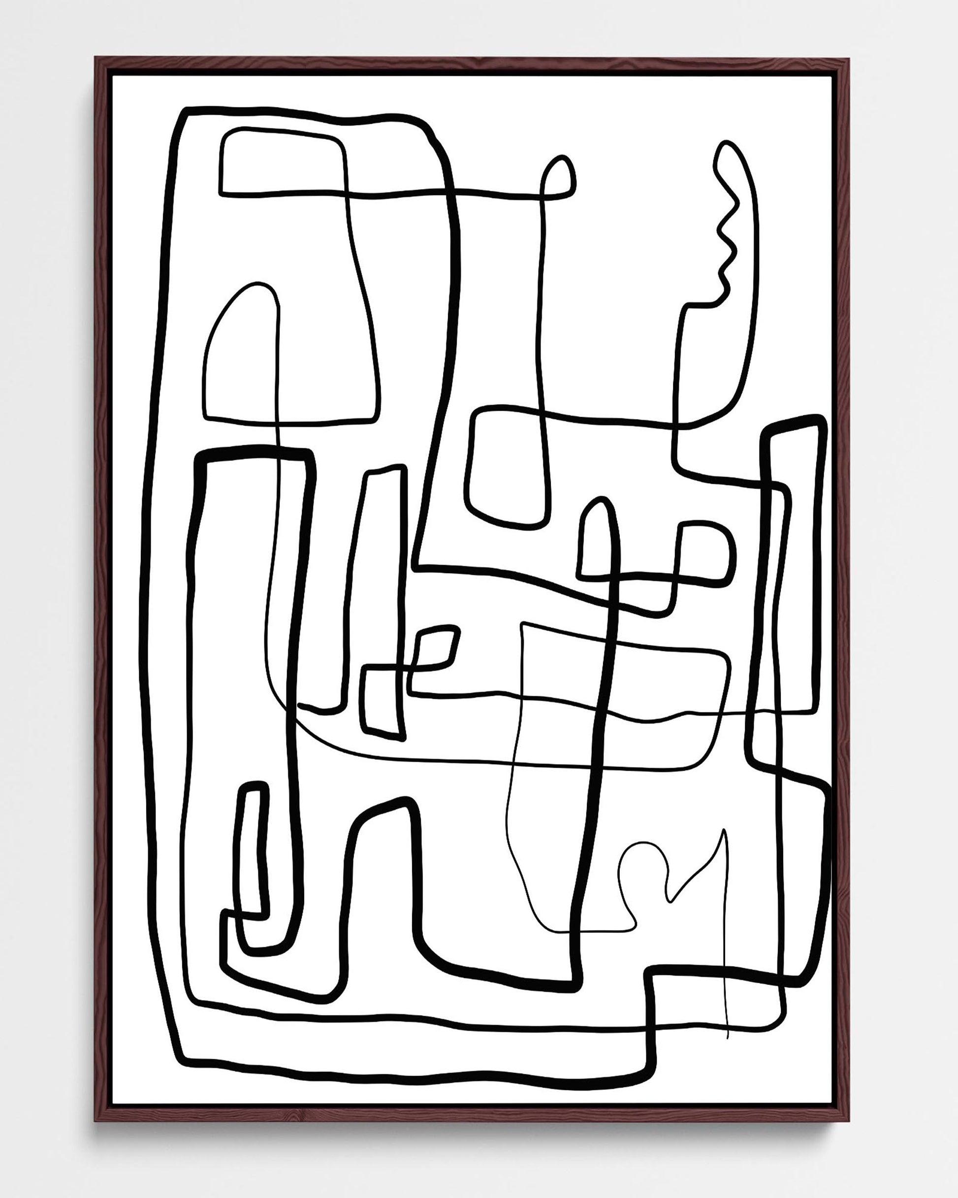 A framed canvas with a monochrome labyrinth line art design, with options for black, white, or natural wood pine frame colors.