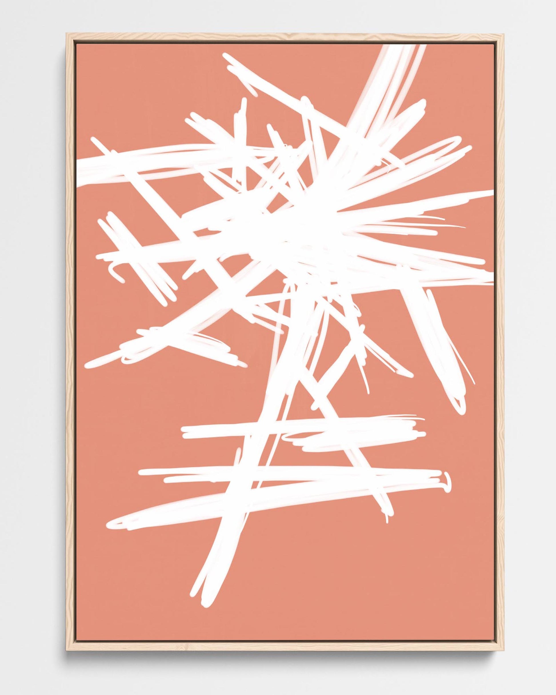 A framed canvas with a white and orange abstract sketch, with a wooden frame.