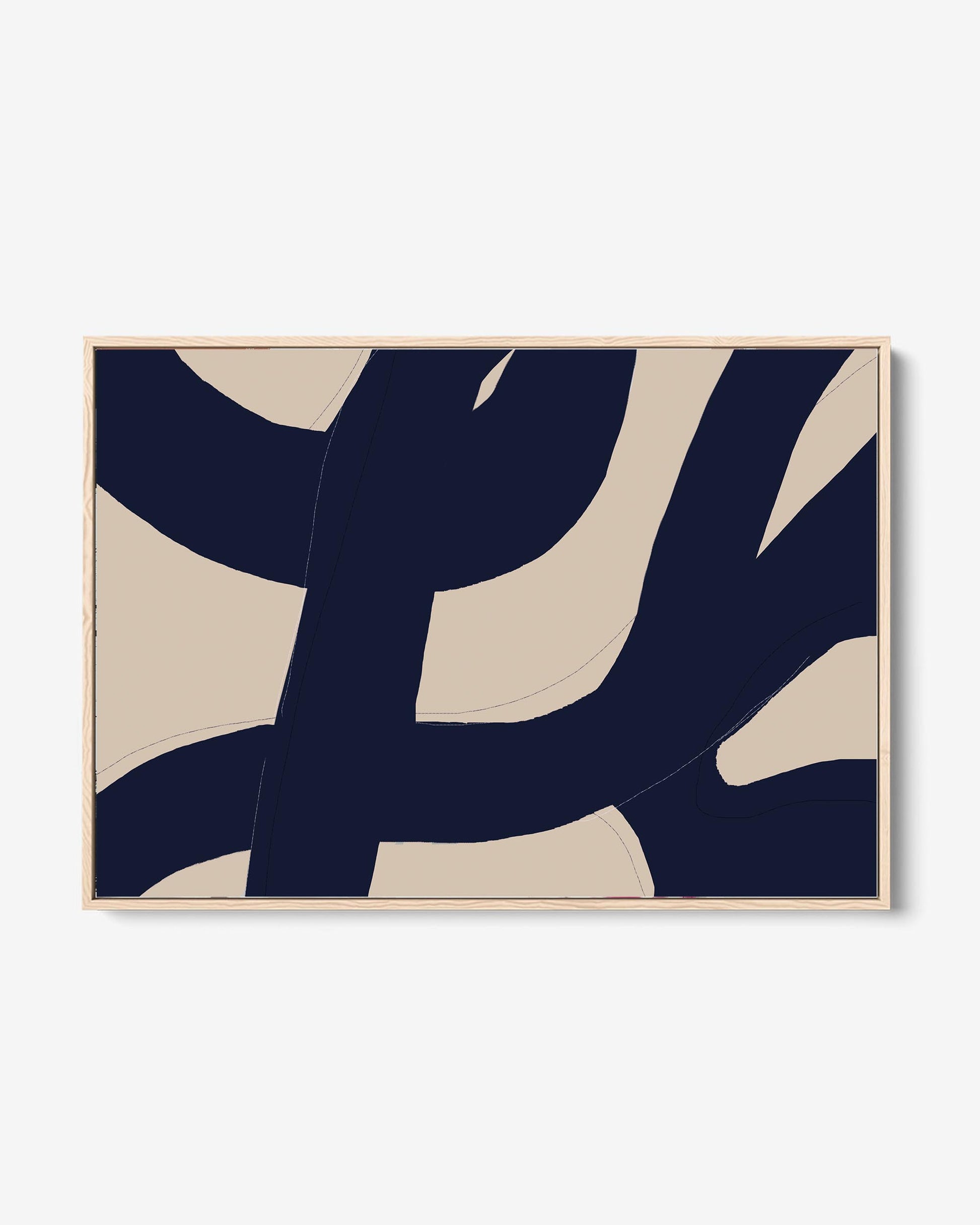 A framed canvas with a neutral abstract design, featuring striking painterly style with predominantly dark blue and beige tones.