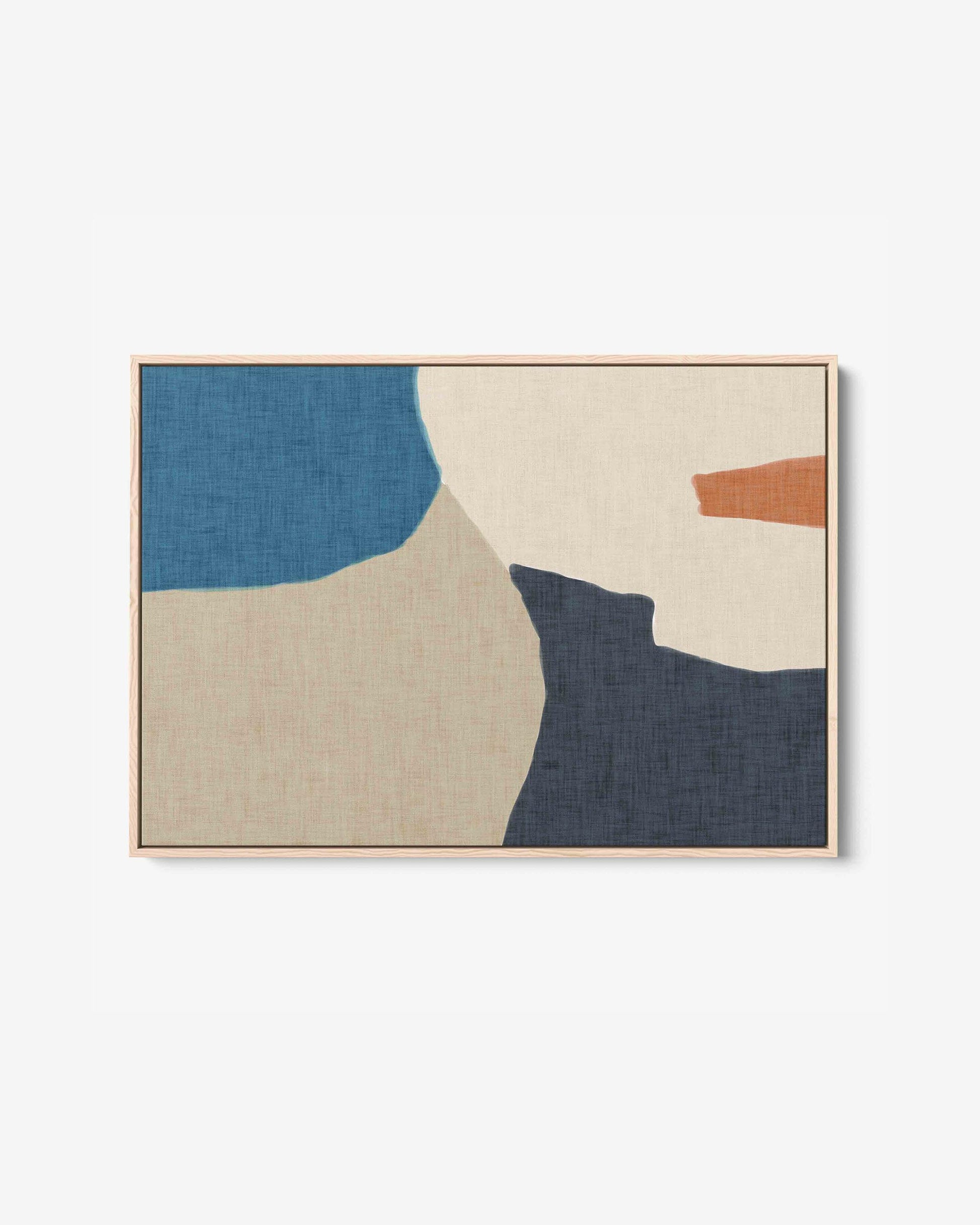 A framed canvas print with an abstract design featuring modern blue, cream, red, and grey tones.