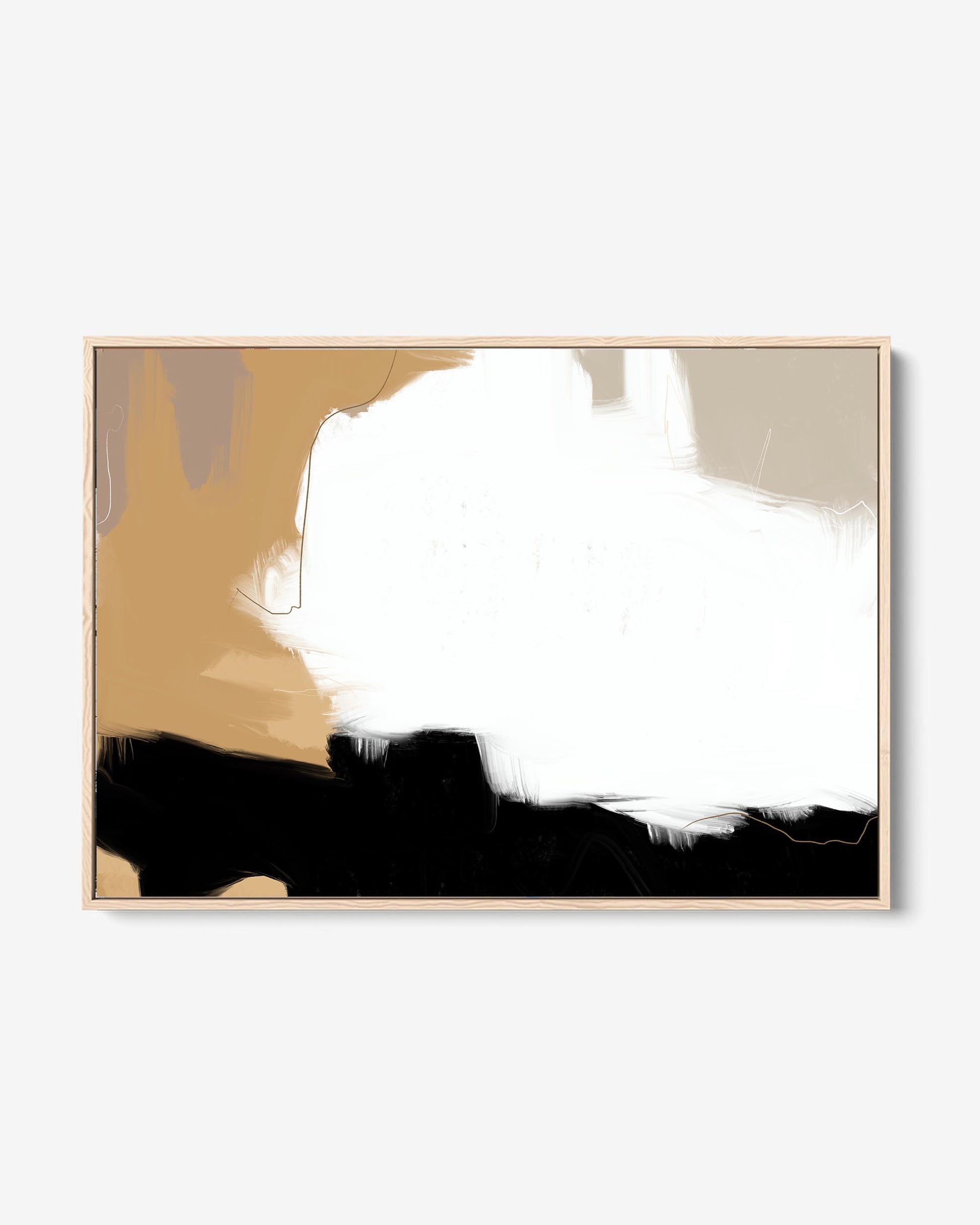 A framed canvas featuring a neutral abstract painting with black, white, and beige tones, presented in a simple black frame.