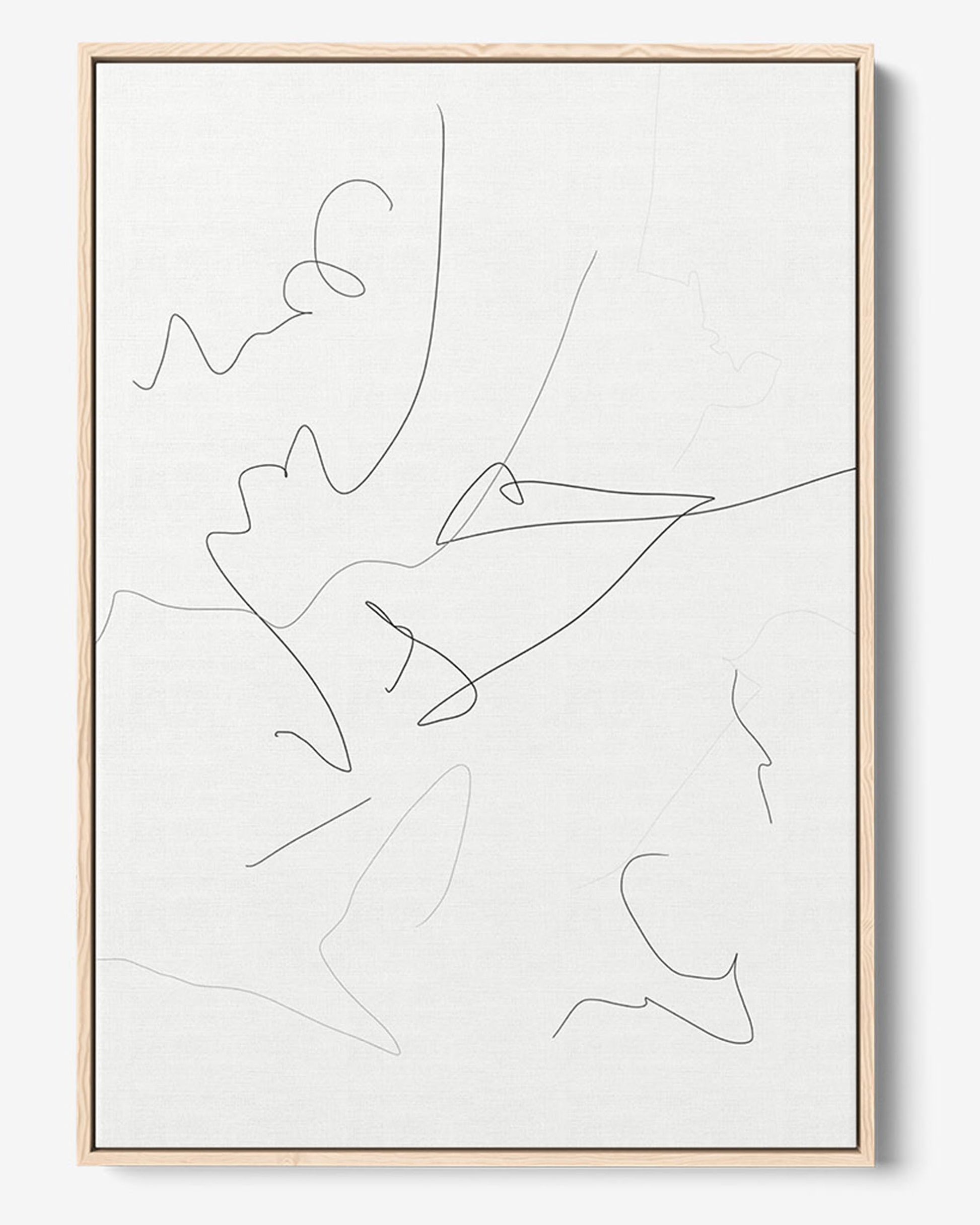 A framed canvas featuring abstract line art with black lines on a white background, with a wooden frame.