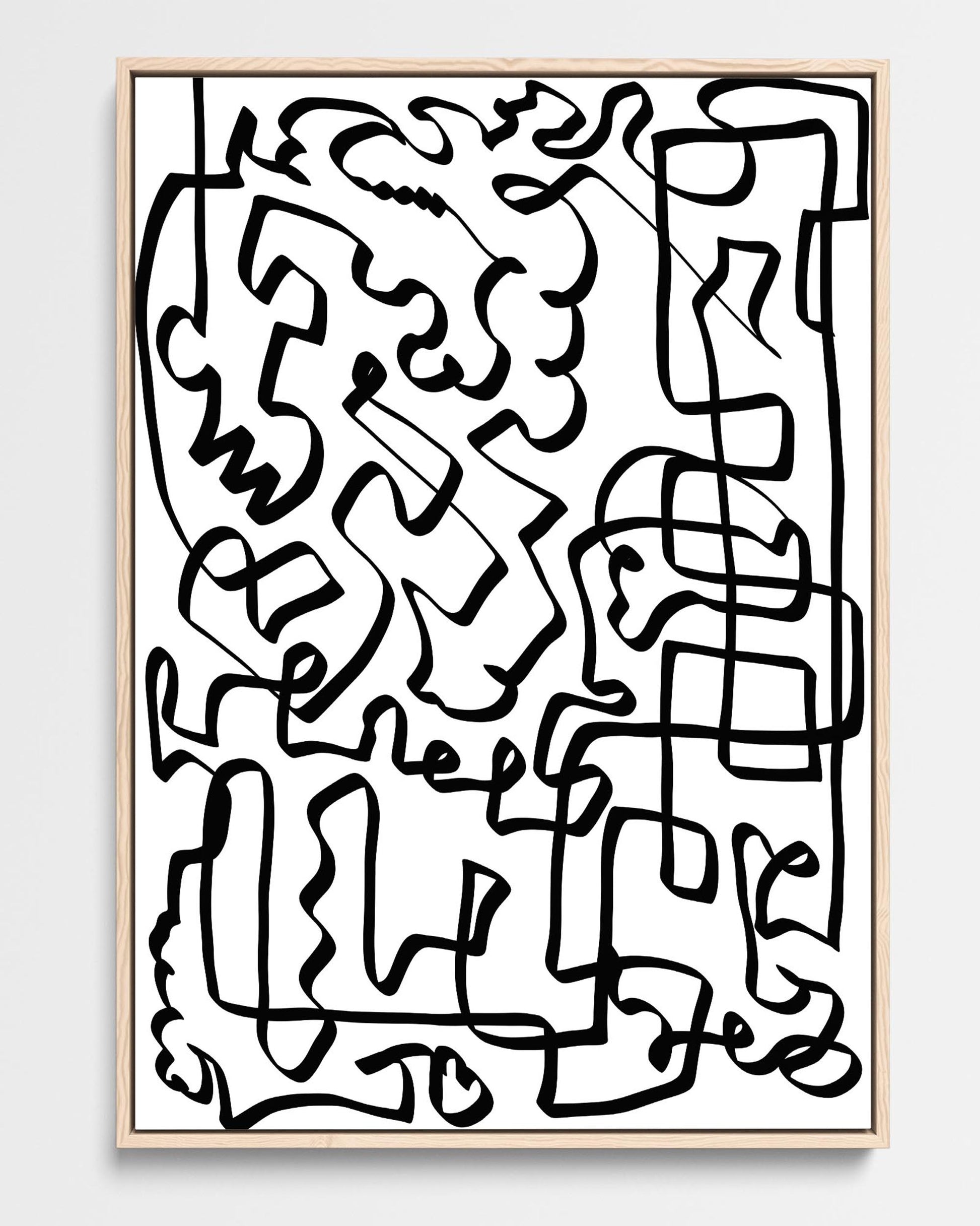 A framed canvas art piece with a black and white line maze design.