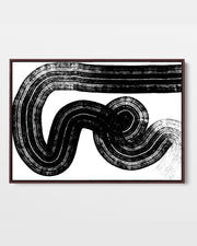 A framed canvas featuring an abstract black and white line drawing, displayed against a plain background.