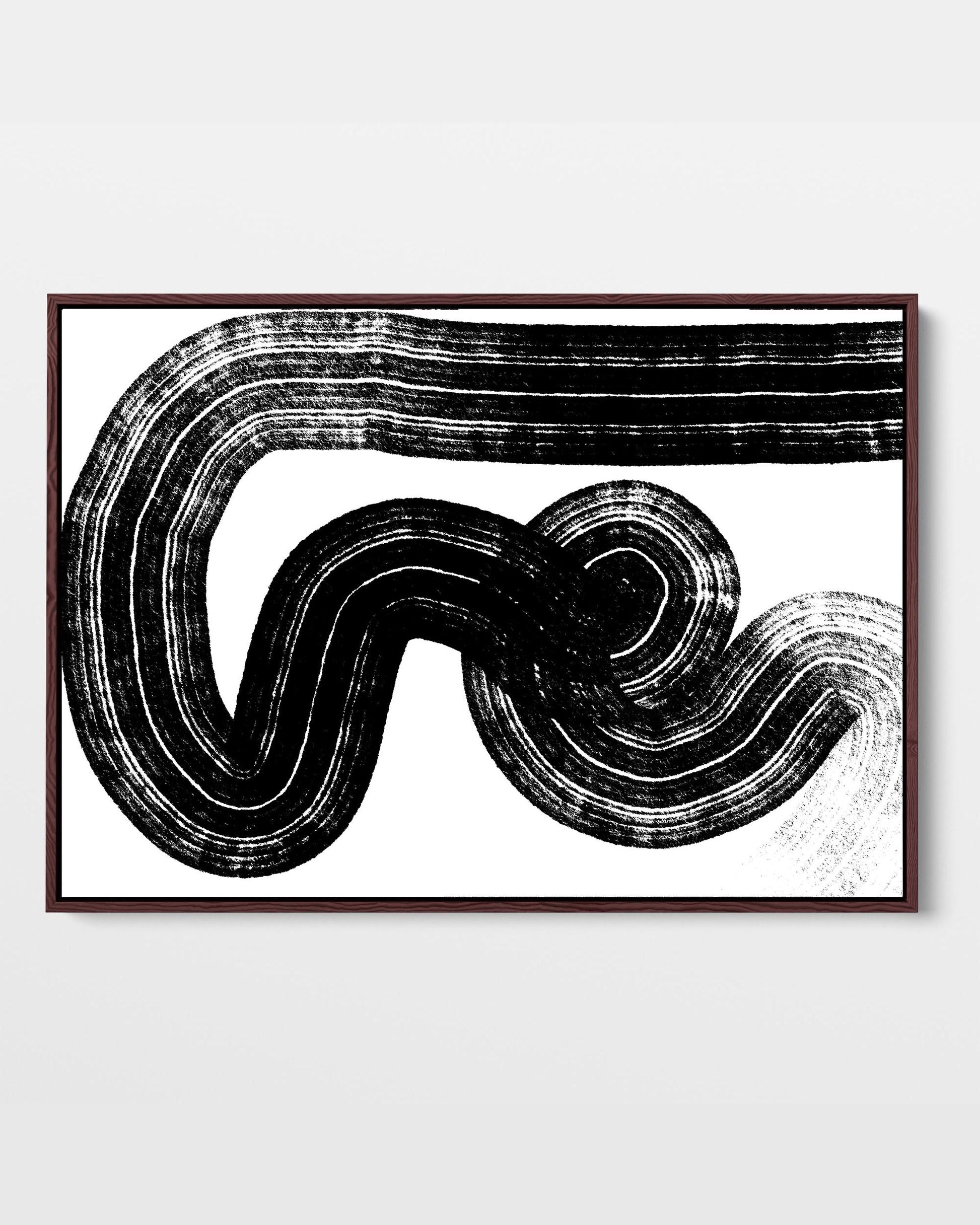 A framed canvas featuring an abstract black and white line drawing, displayed against a plain background.