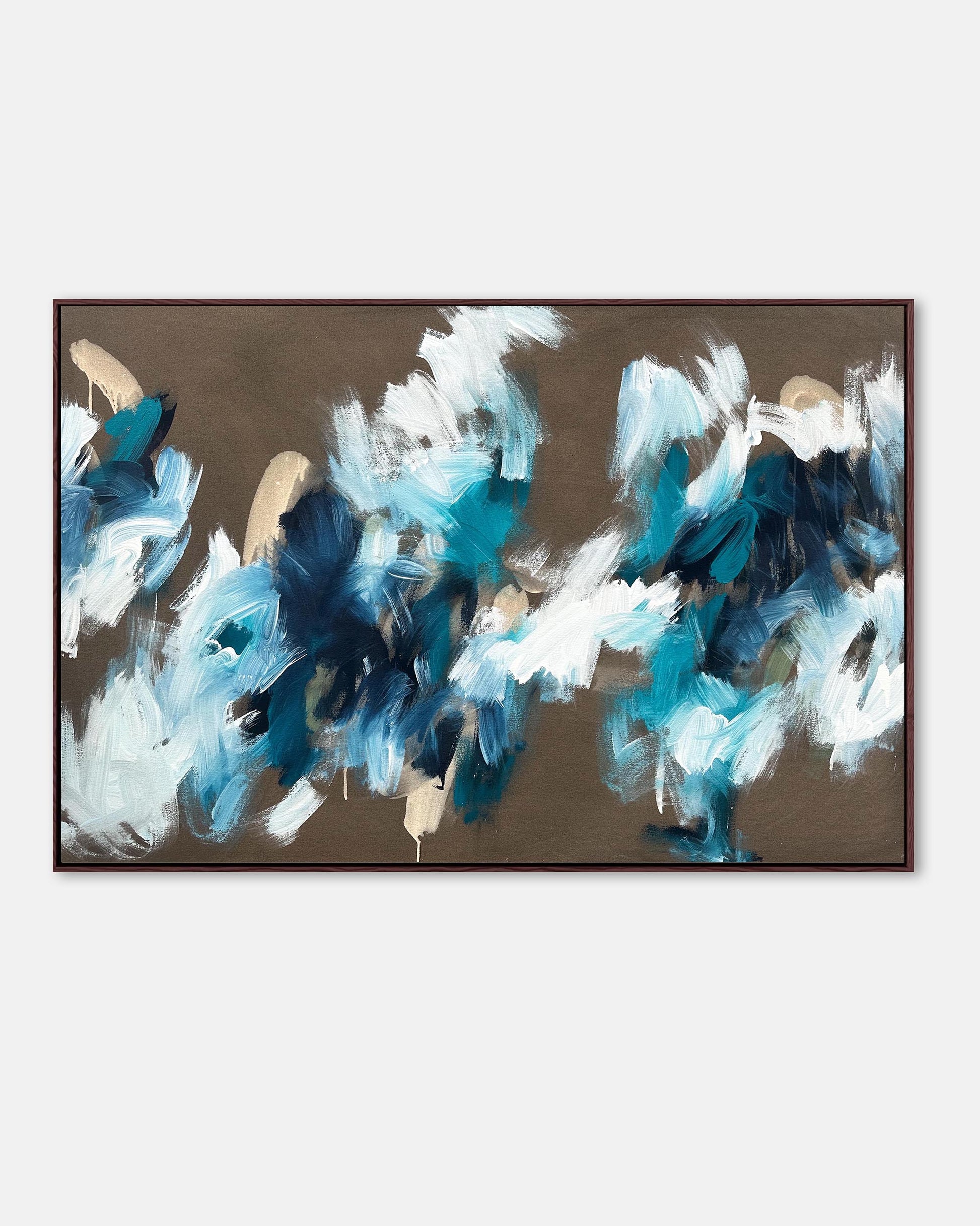 Large abstract art, original oil on canvas fine art with blue, brown and white colours. Perfect for living room unique art. 