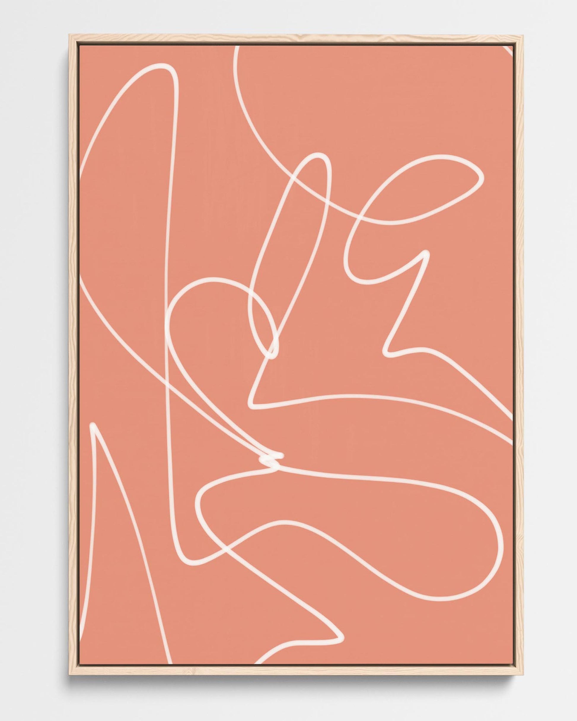 A framed canvas with abstract curved white lines on a pink background, with options for black, white, or natural wood pine frames.