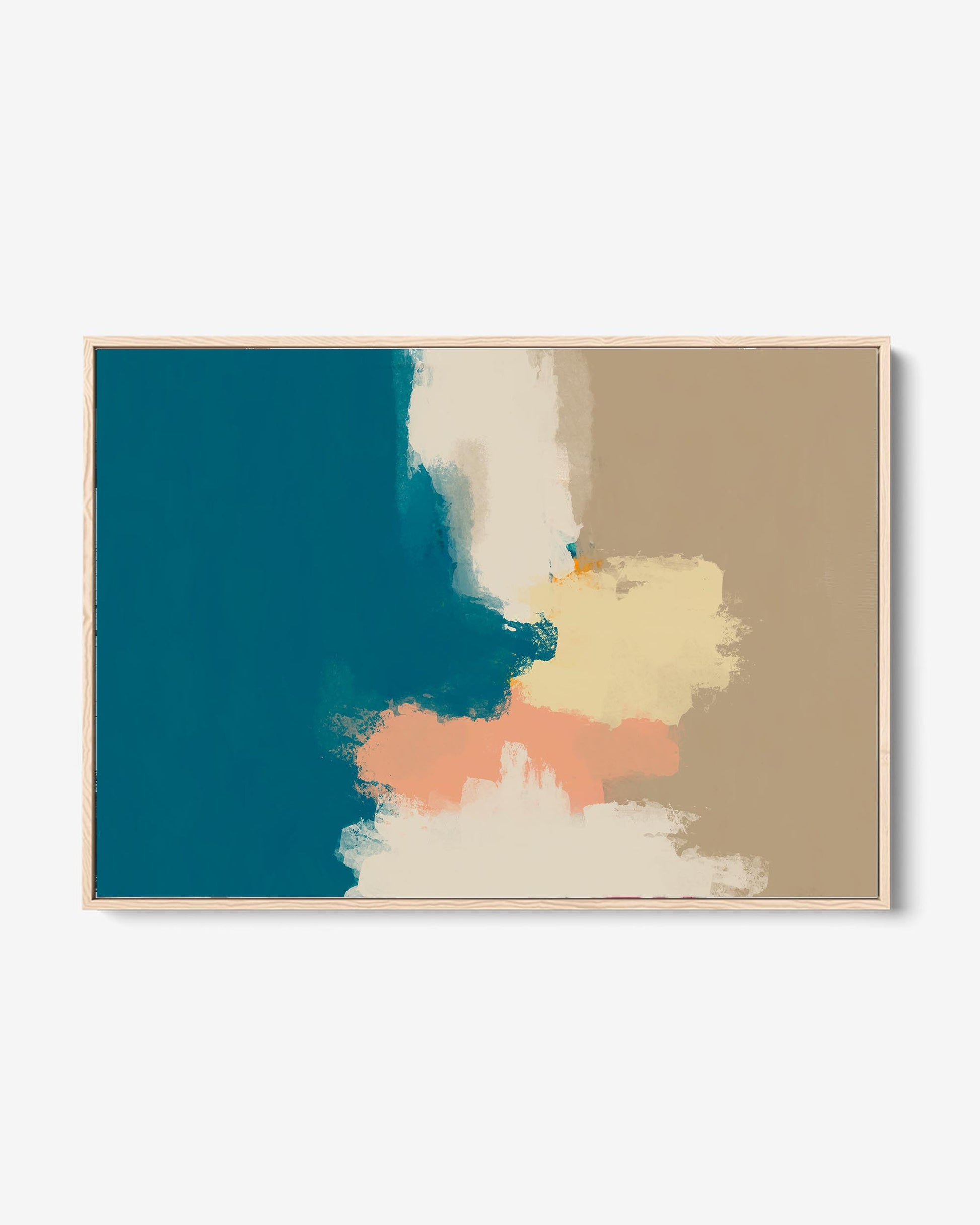 A framed canvas featuring a neutral abstract painting with striking color blocks in teal and hints of peach on a beige background.
