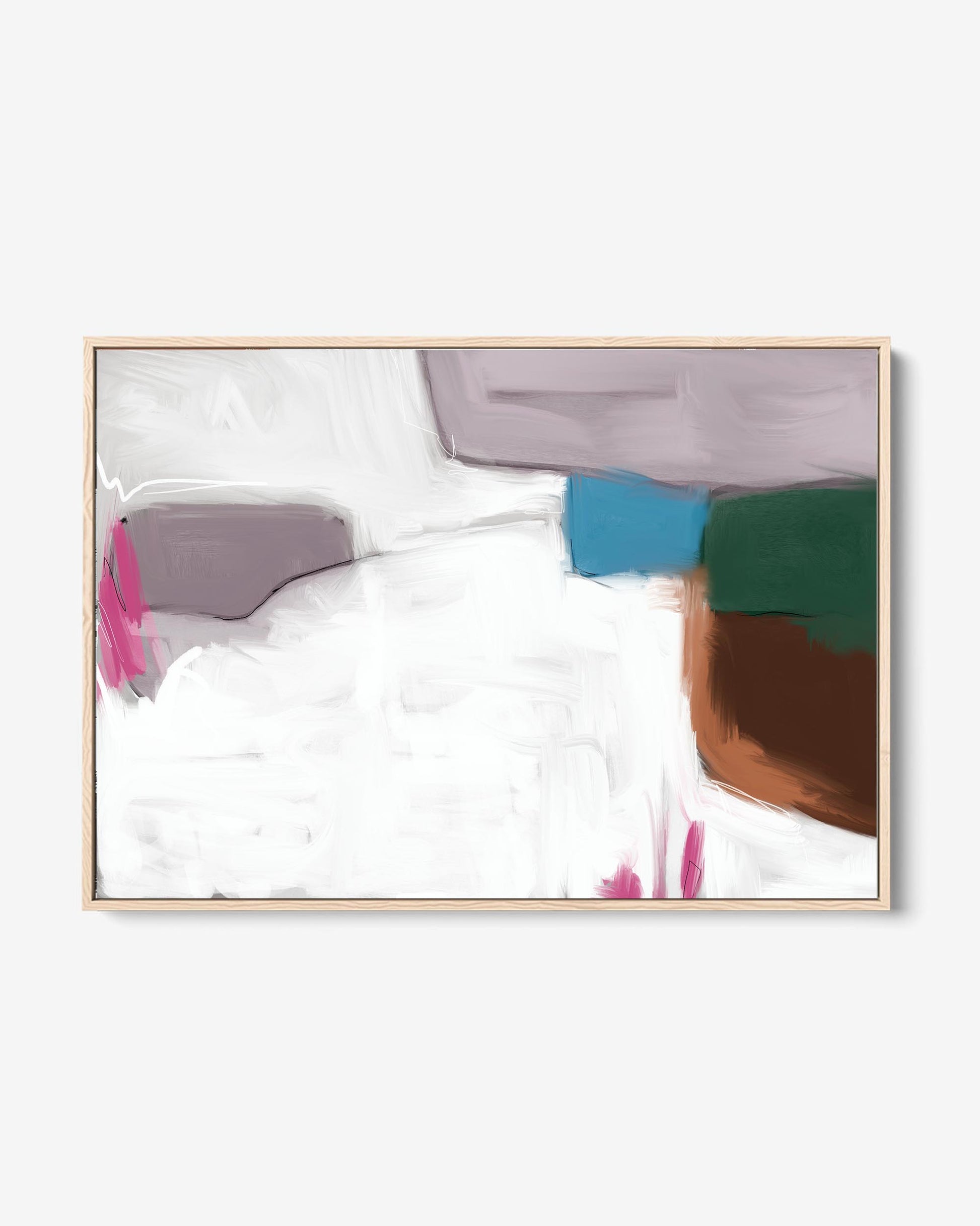 A framed canvas with a neutral grey and white abstract painting, with a hint of pink, blue, and brown, floated on a white background.