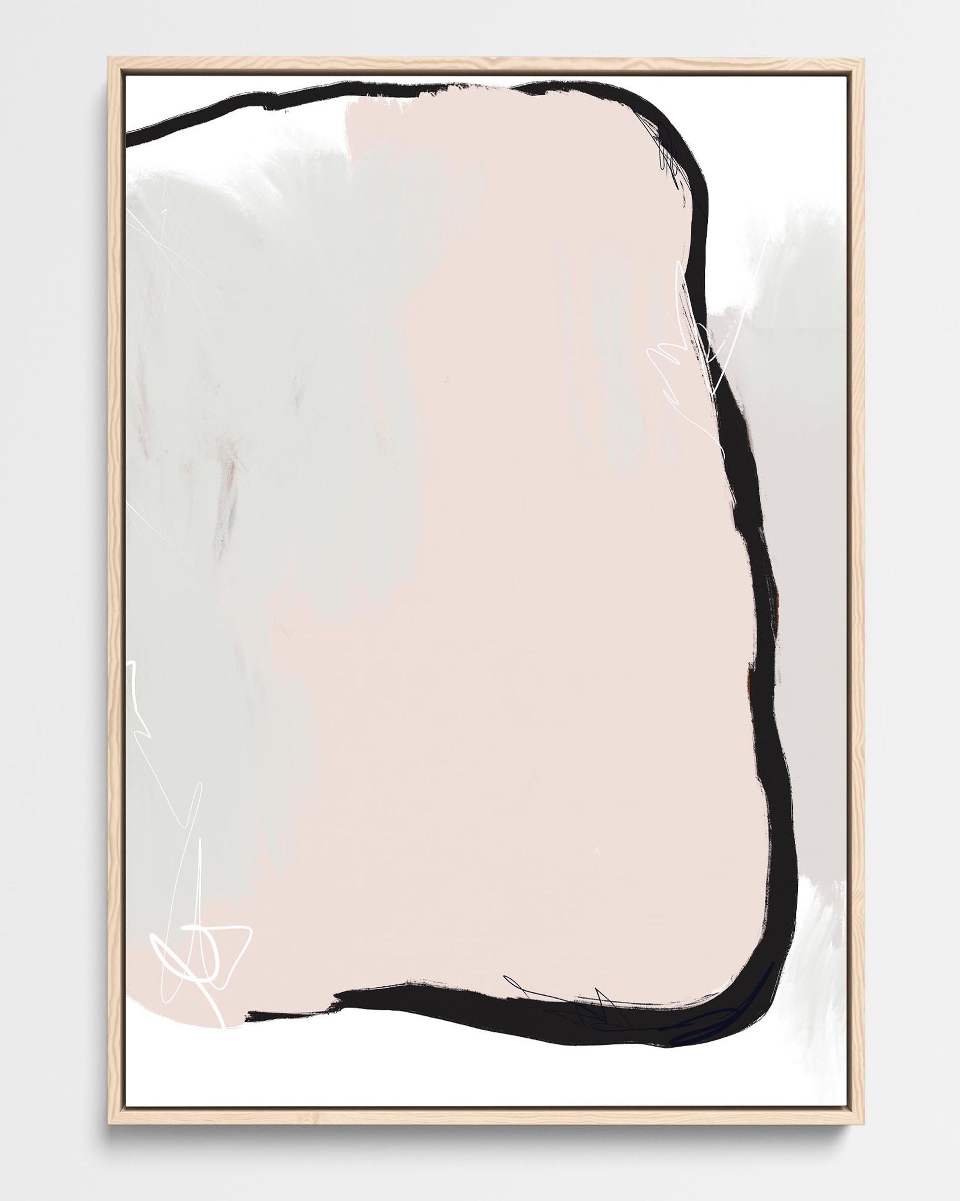 A contemporary abstract canvas print featuring soft pastel pink and taupe grey shapes with a black graffiti style outline, framed in a choice of colors.