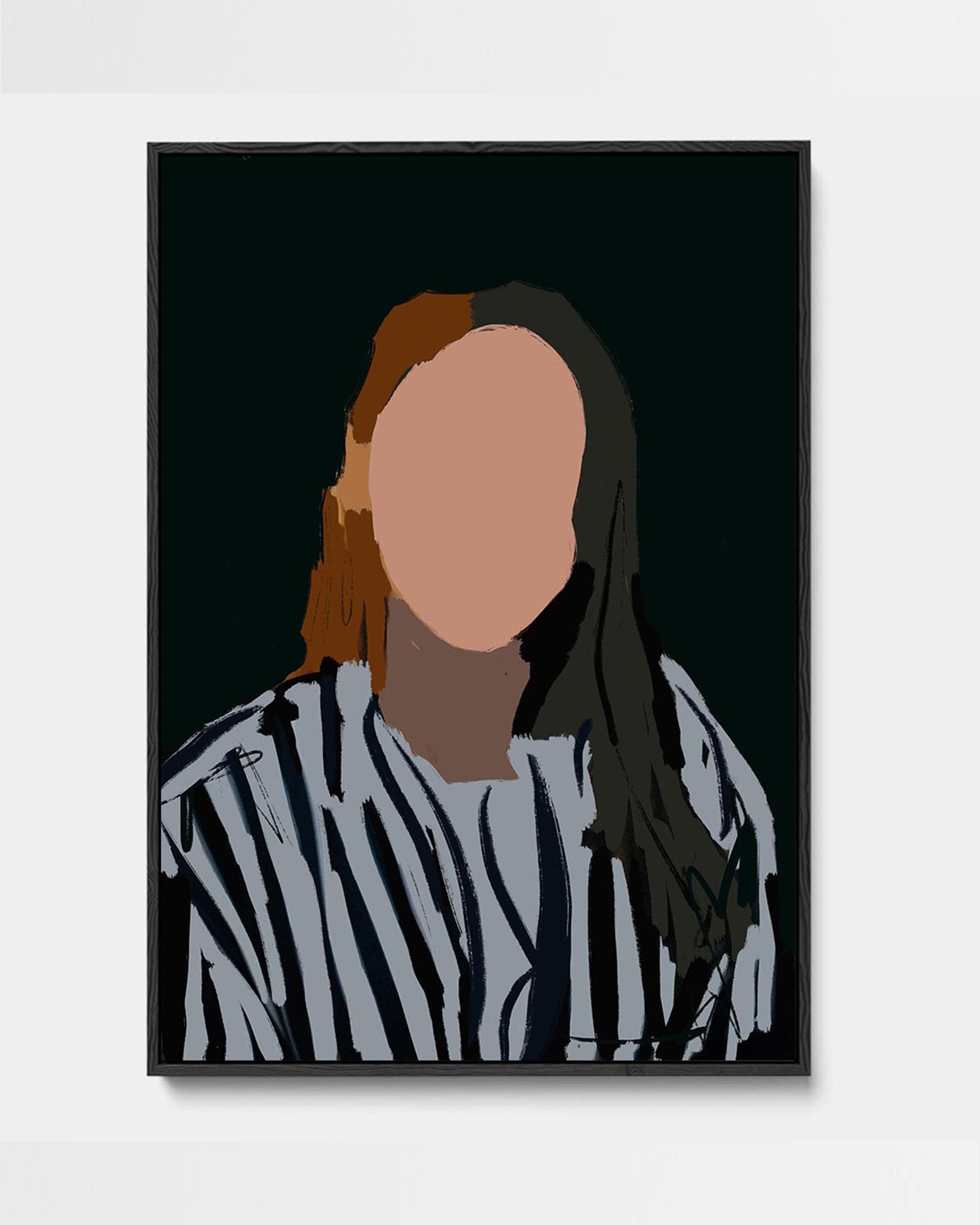 Hand-drawn portrait illustration of a female figure with a black, white, and beige color scheme on a canvas art print.