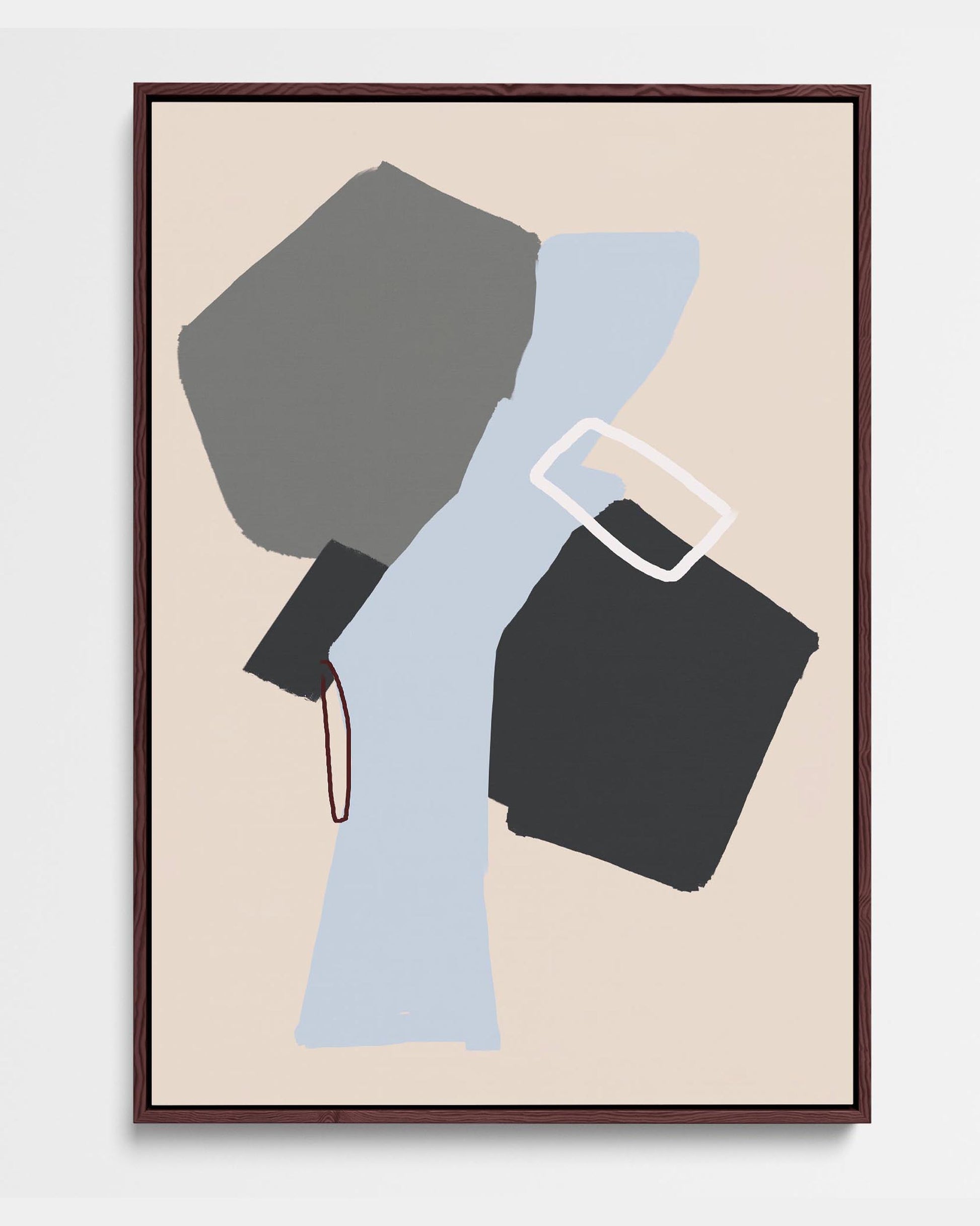 A framed canvas featuring an abstract geometric shape in gray and blue on a white background, with a black frame.